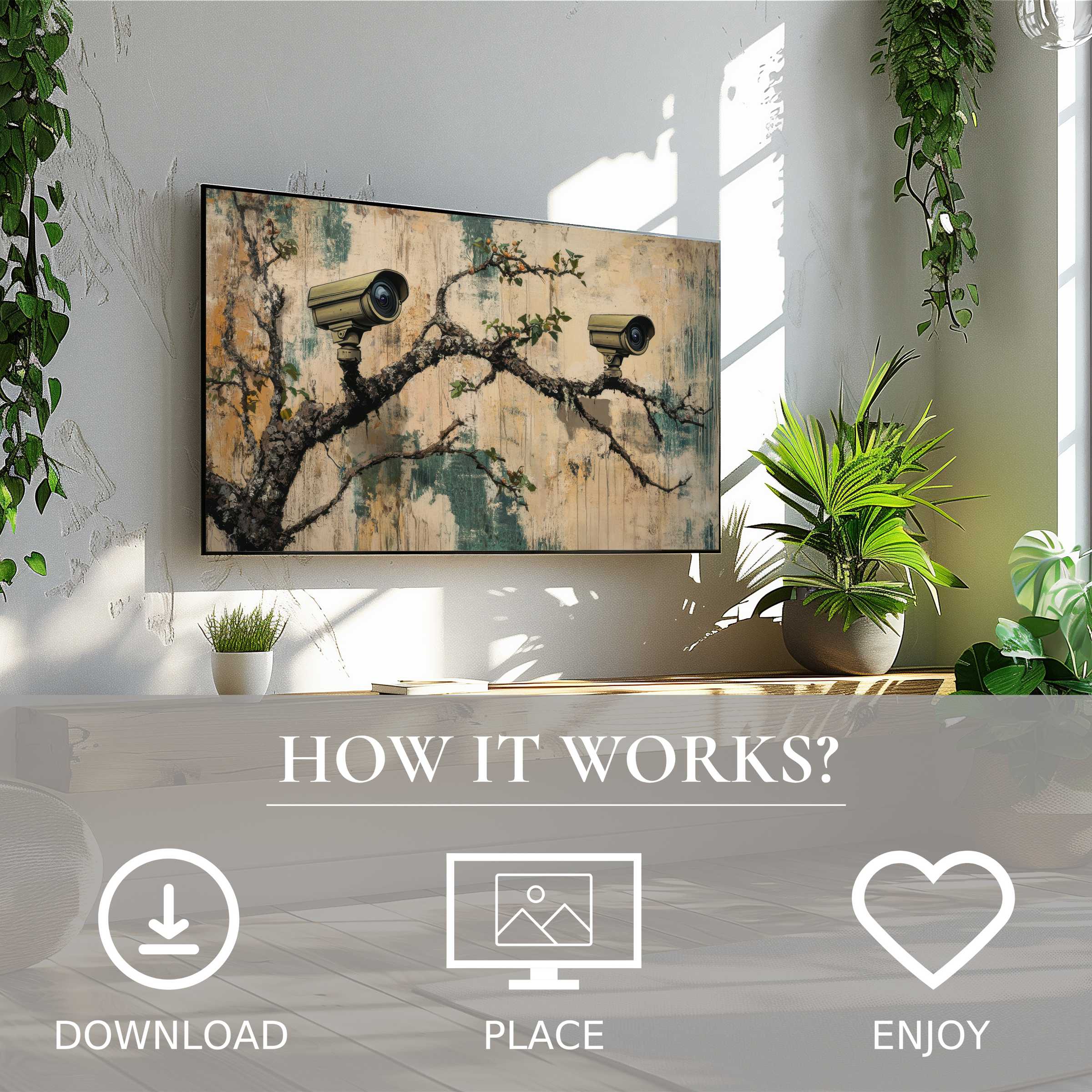 Modern living room with street art for Samsung TV showing muted vintage tones and nature-tech motif, easy digital download