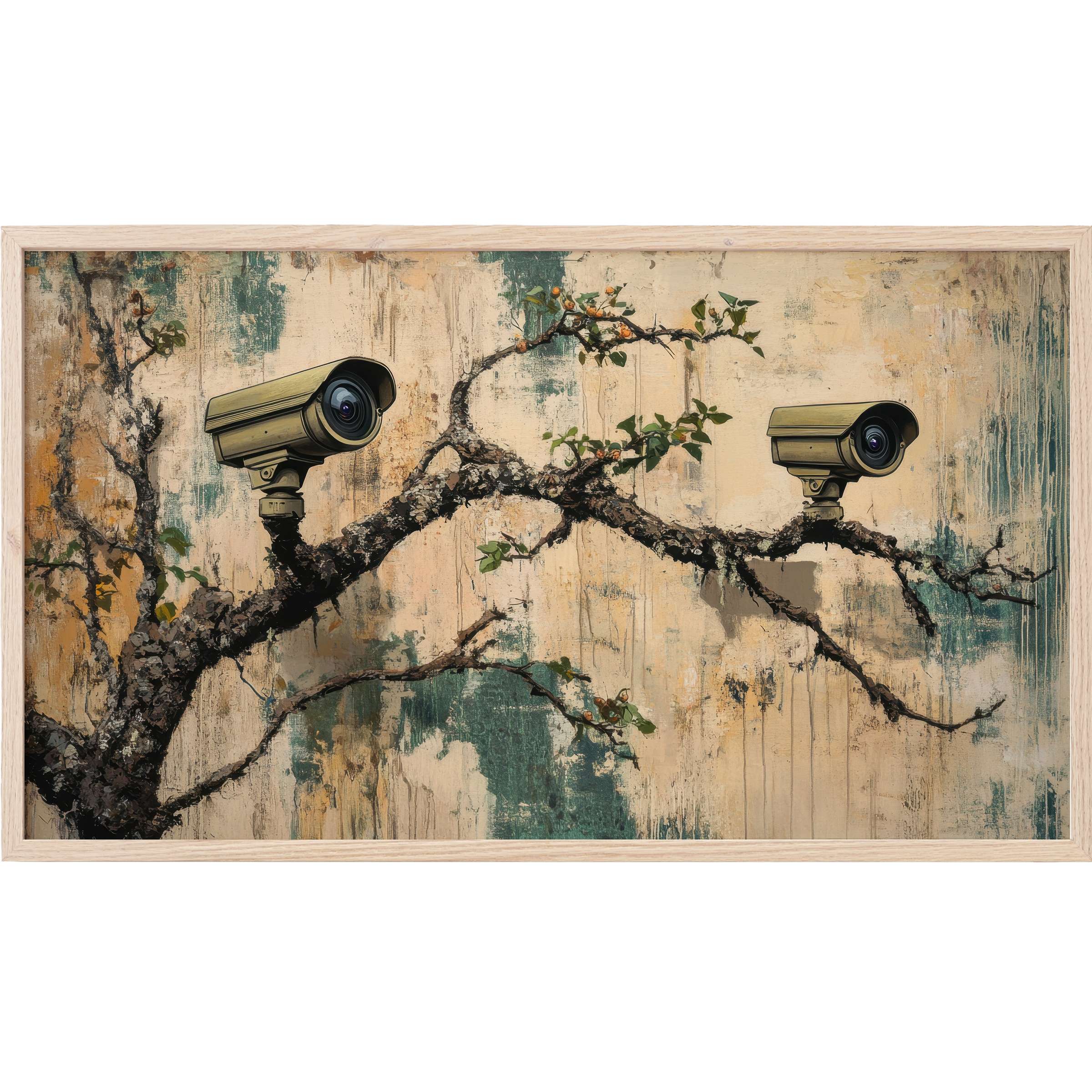 Muted earth tones frame a gnarled branch with surveillance cameras as buds, street art Frame TV Art
