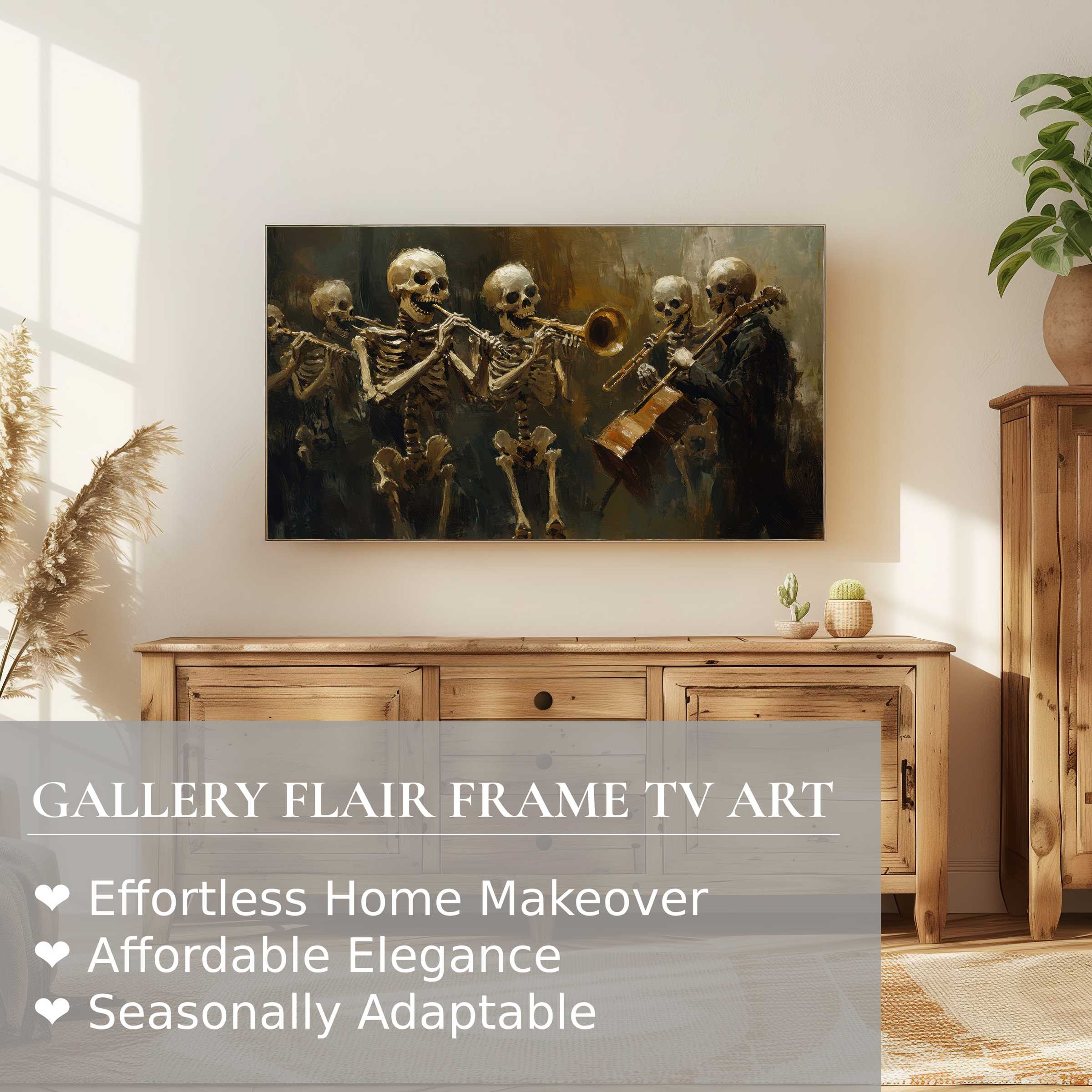 Elegant halloween digital artwork of skeleton musicians on Samsung Frame TV in warm, modern living space with natural wood accents