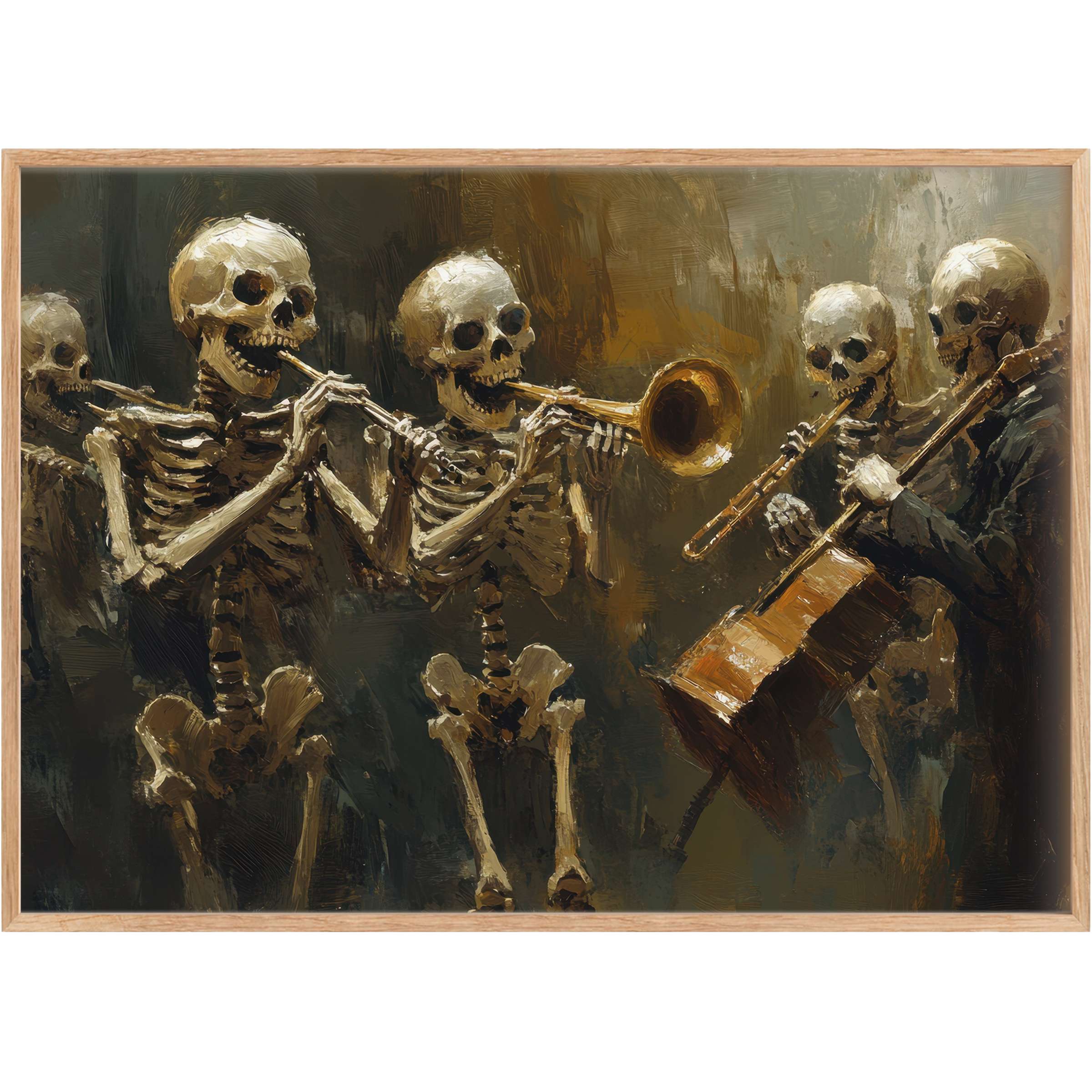 Ethereal skeleton quartet in warm amber and deep shadows, an exceptional halloween printable wall art that sparks bold, haunting charm