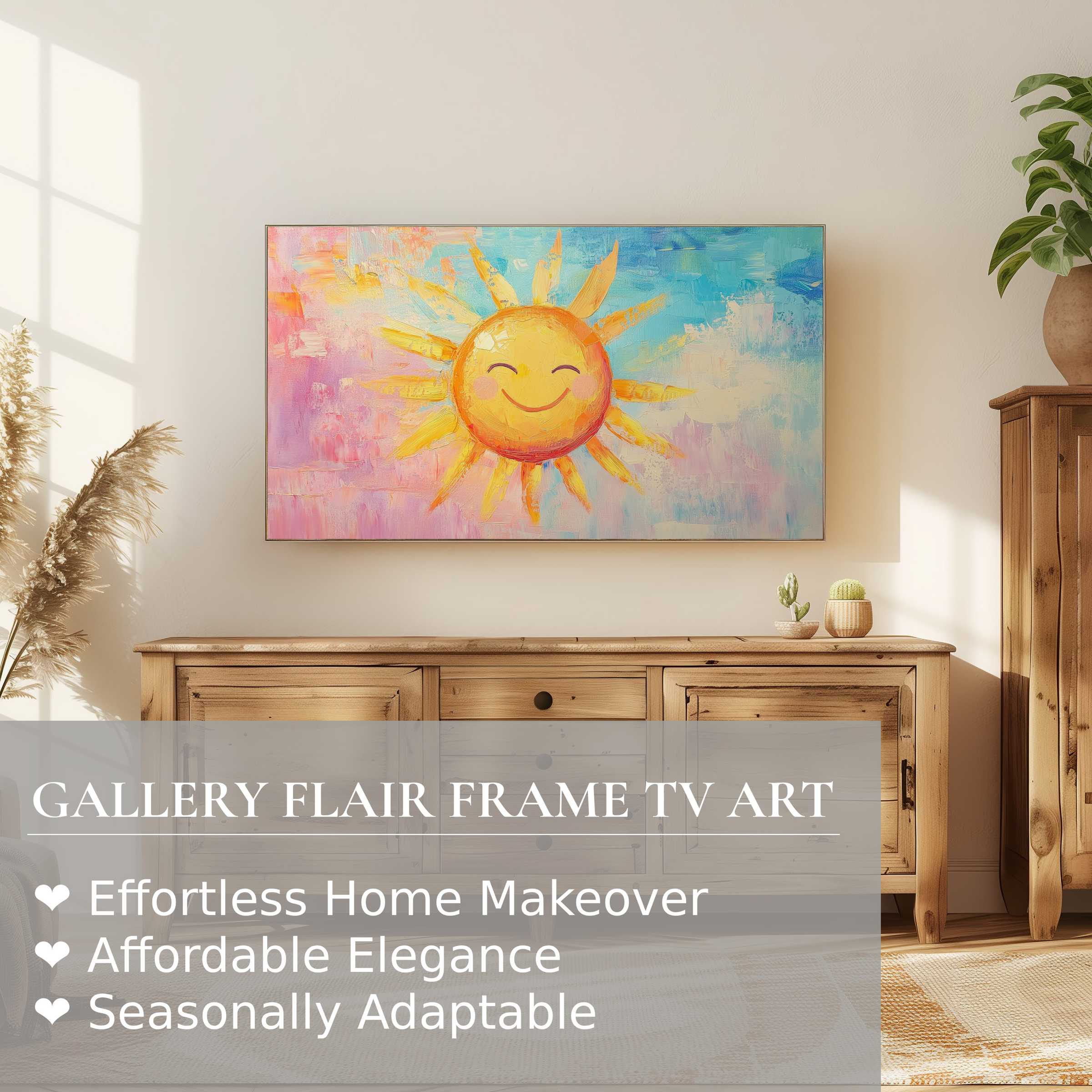 Modern nursery digital artwork of a smiling sun on Samsung Frame TV in warm, elegant natural-toned room setting