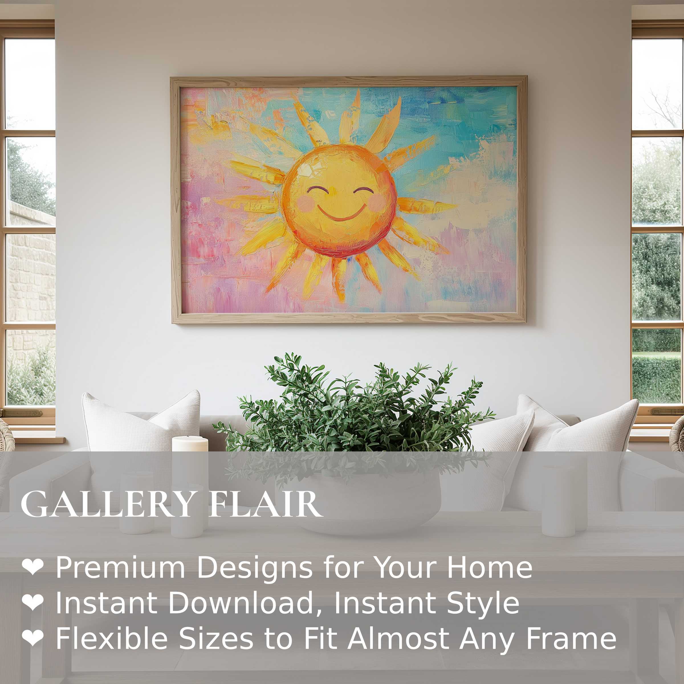 Nursery wall art print featuring a radiant, smiling sun in soft pastel hues, enhancing modern minimalist interiors with warmth and joy
