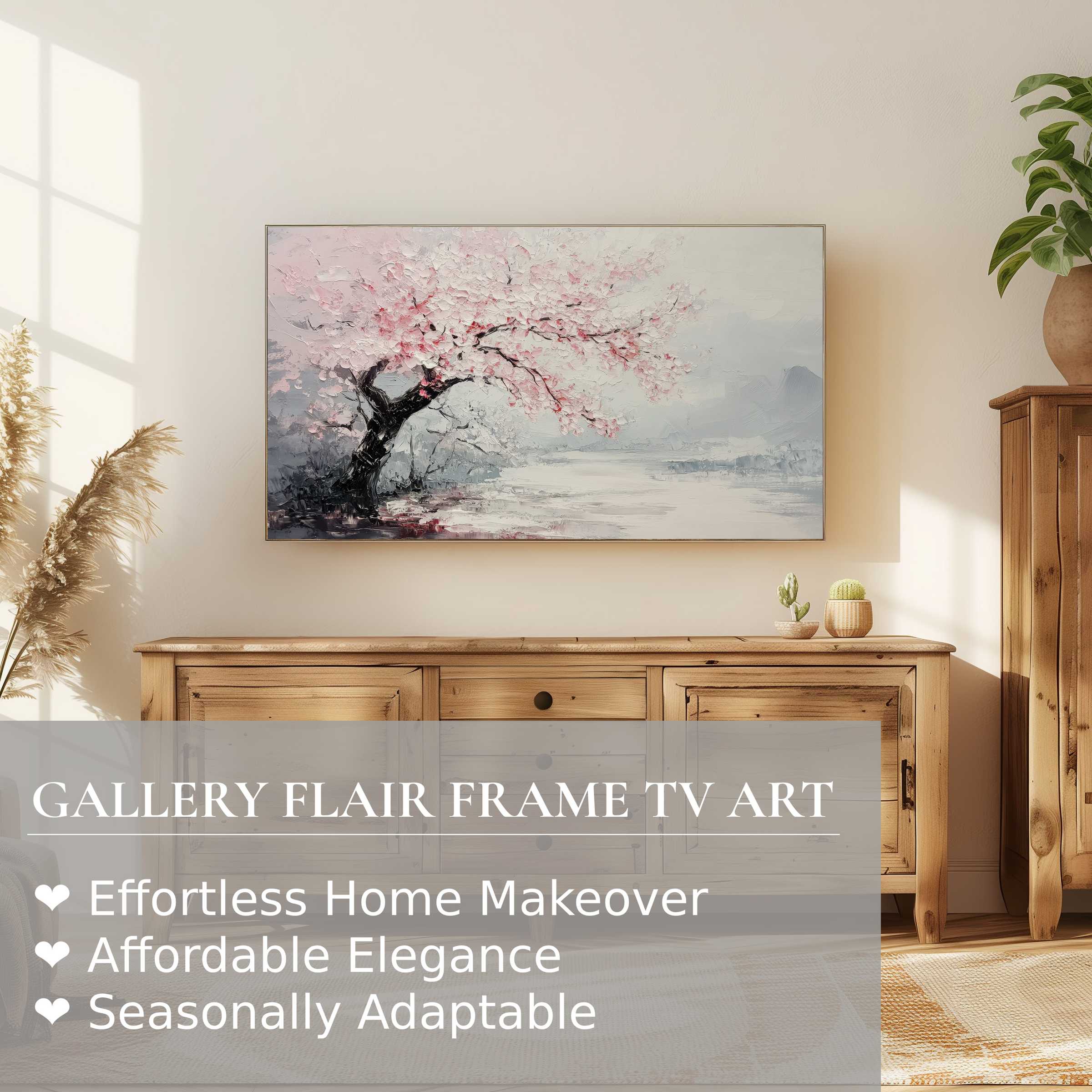 Samsung Frame TV displaying delicate tree digital artwork in a serene, modern living room with natural wood tones