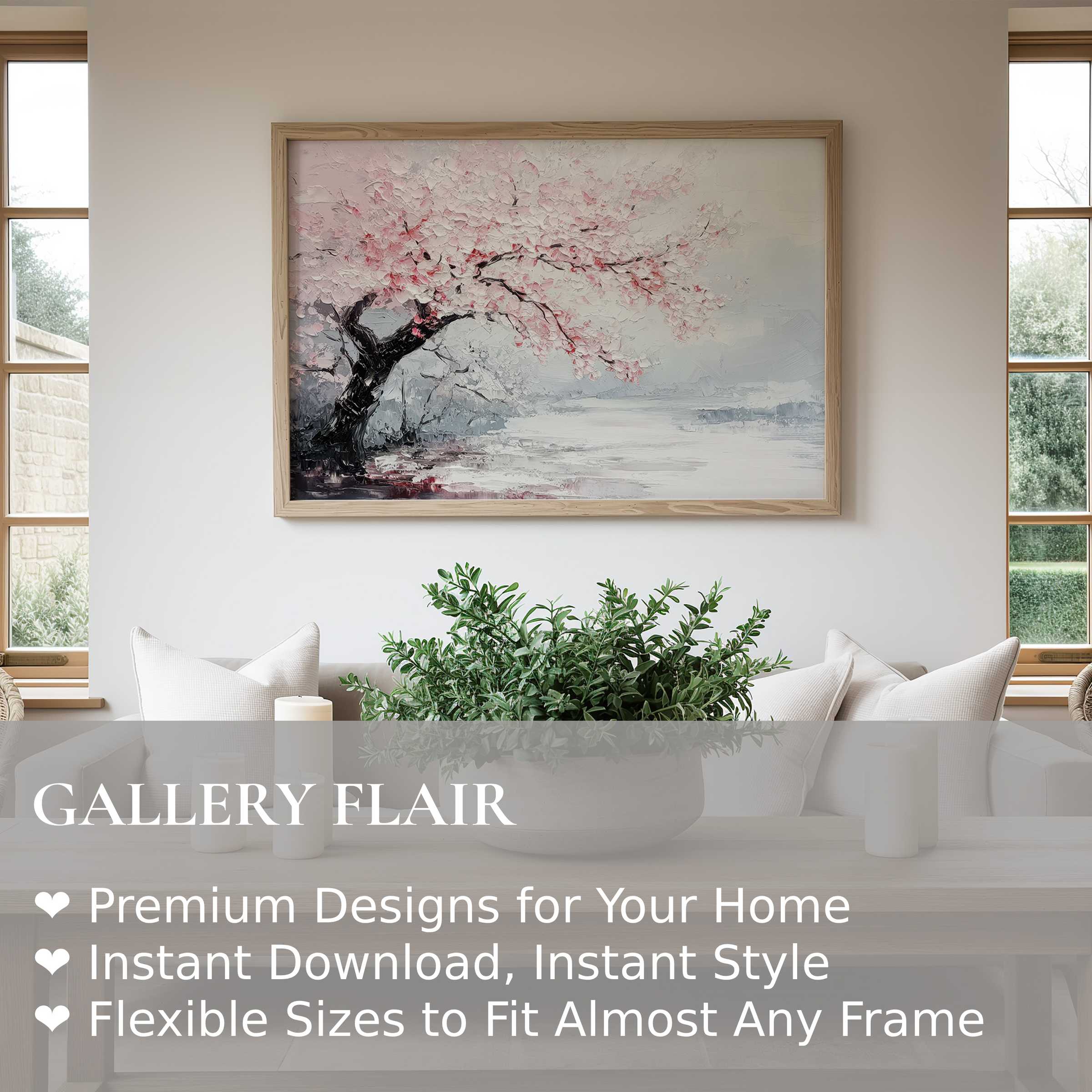 Elegant tree wall art print with soft pink blossoms and textured brushstrokes, enhancing serene modern living spaces