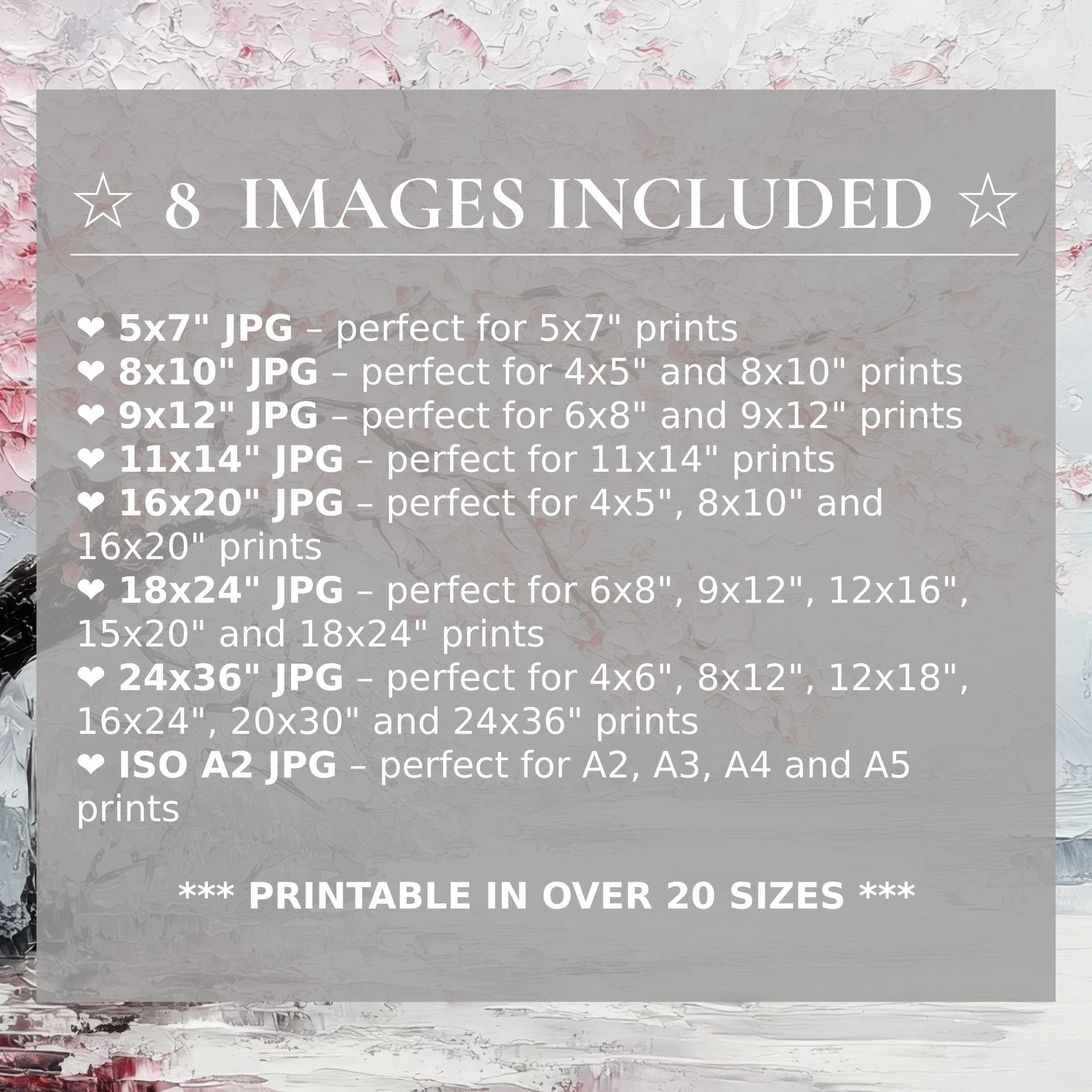 Print size guide showing 8 included JPG formats for versatile wall art printing – perfect for framing in popular sizes from 5x7 to 24x36 and A2