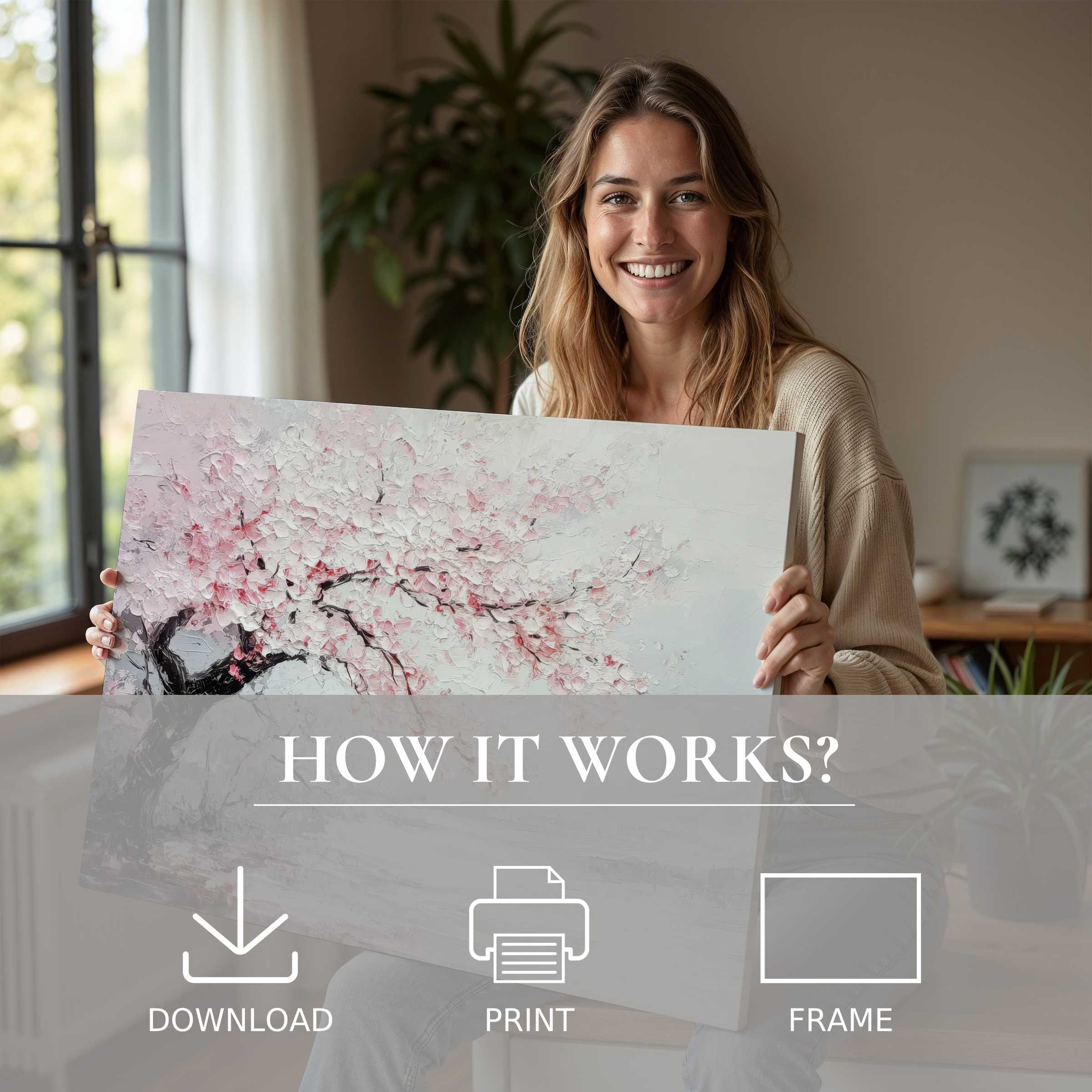 Woman in a modern home radiates joy, showcasing a delicate tree digital art print in soft pink and white tones