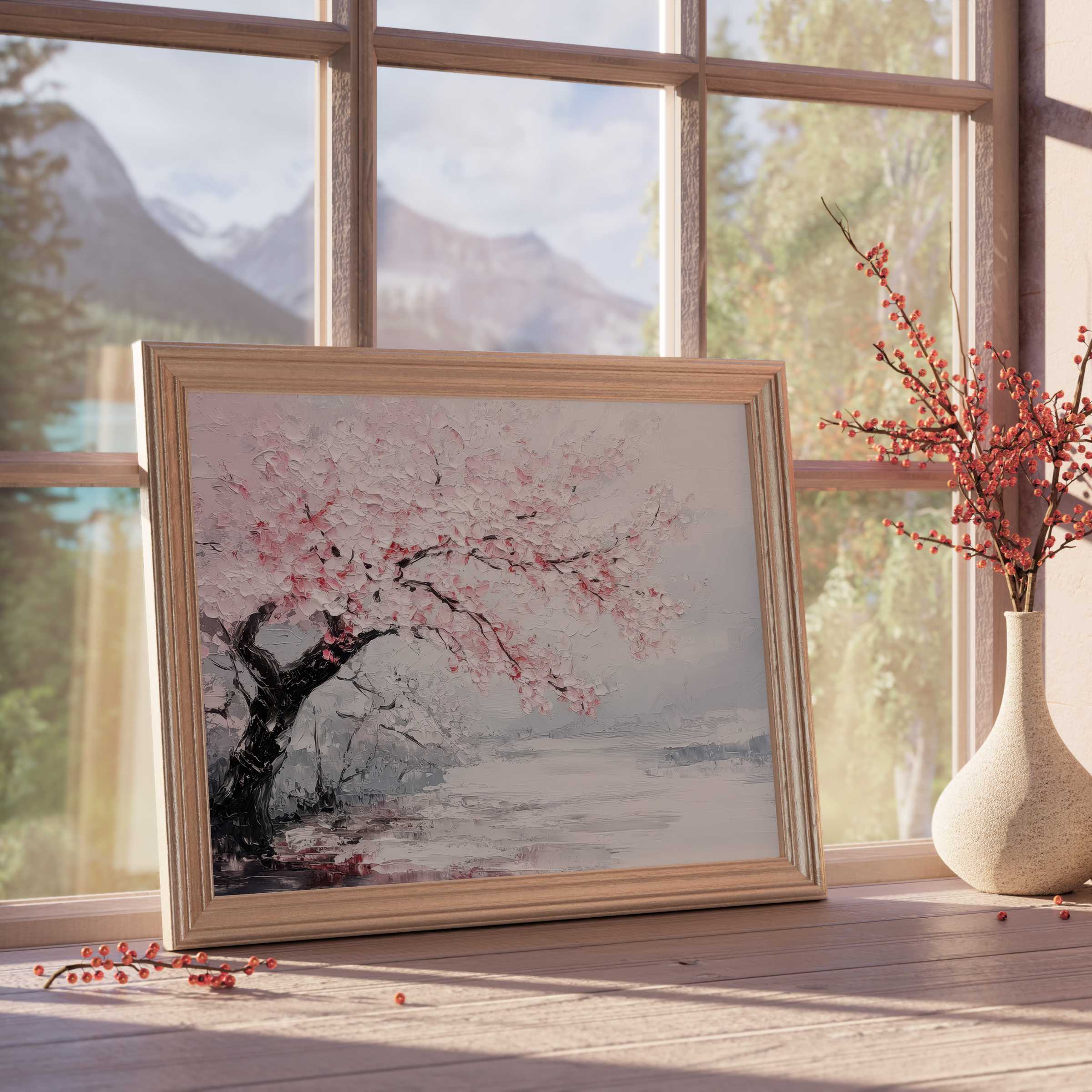 Elegant tree downloadable art with soft pink blossoms, enhancing tranquil, curated interiors with serene, modern sophistication