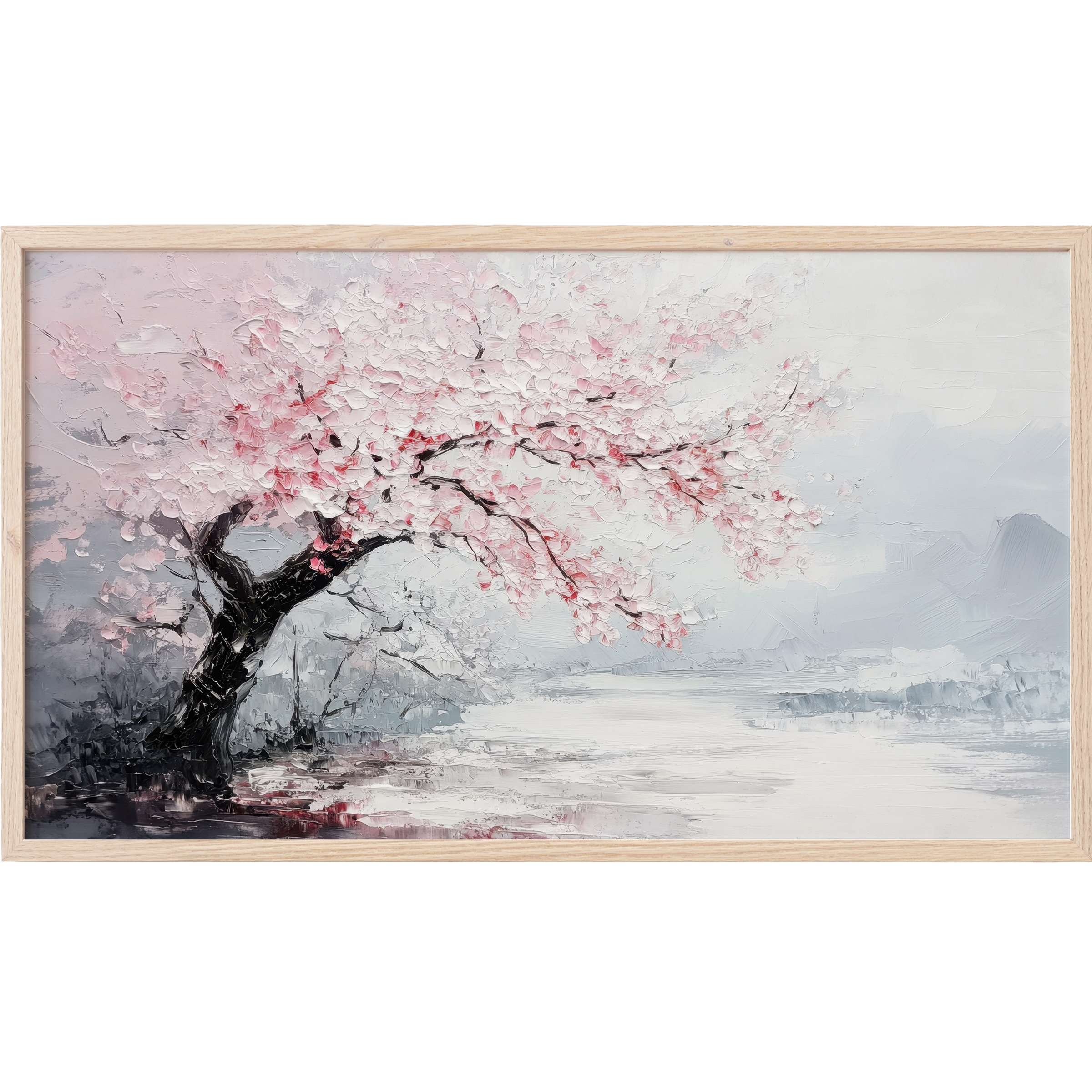 Elegant tree Frame TV Art with textured pink blossoms, soft grays, and a serene, modern impressionist style