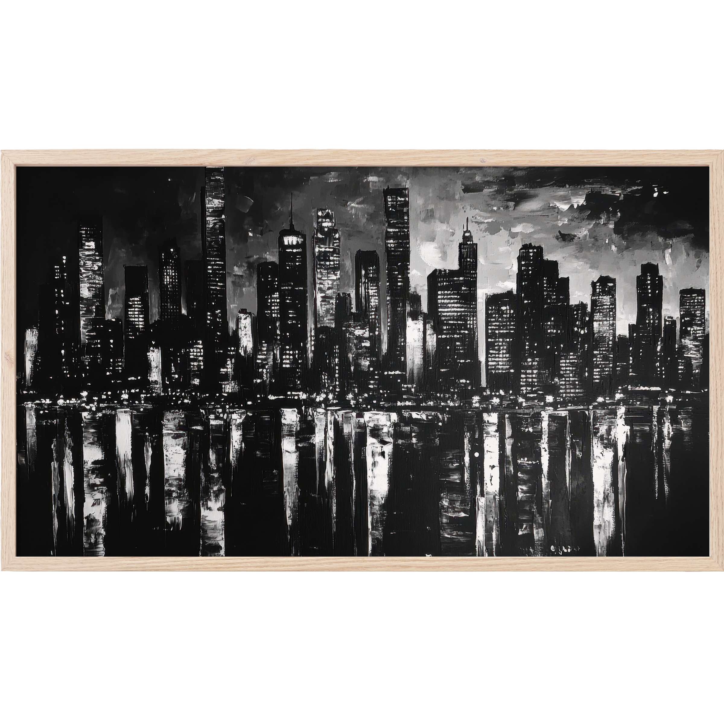 Elegant black and white cityscape with reflective water, bold strokes, modern black and white Frame TV Art