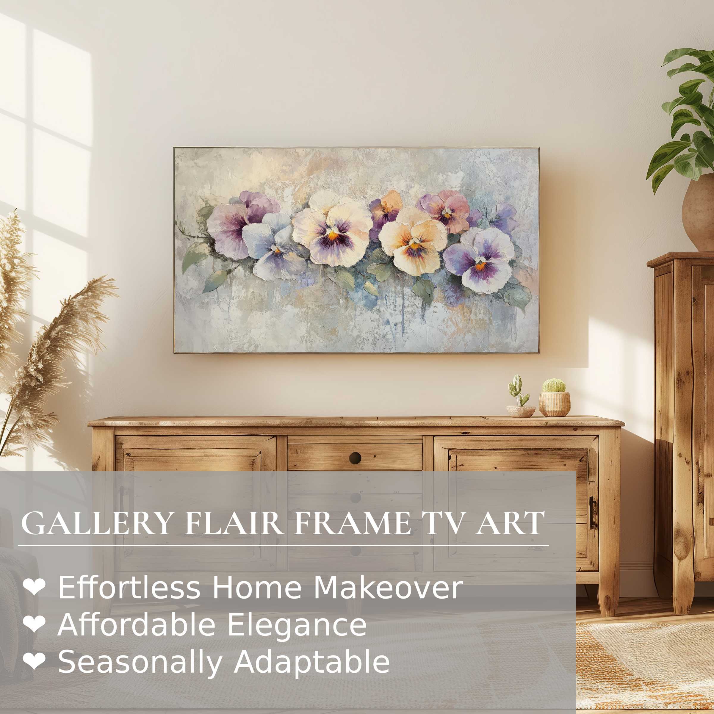 Samsung Frame TV displaying botanical digital artwork of soft pastel pansies in a serene, modern living room
