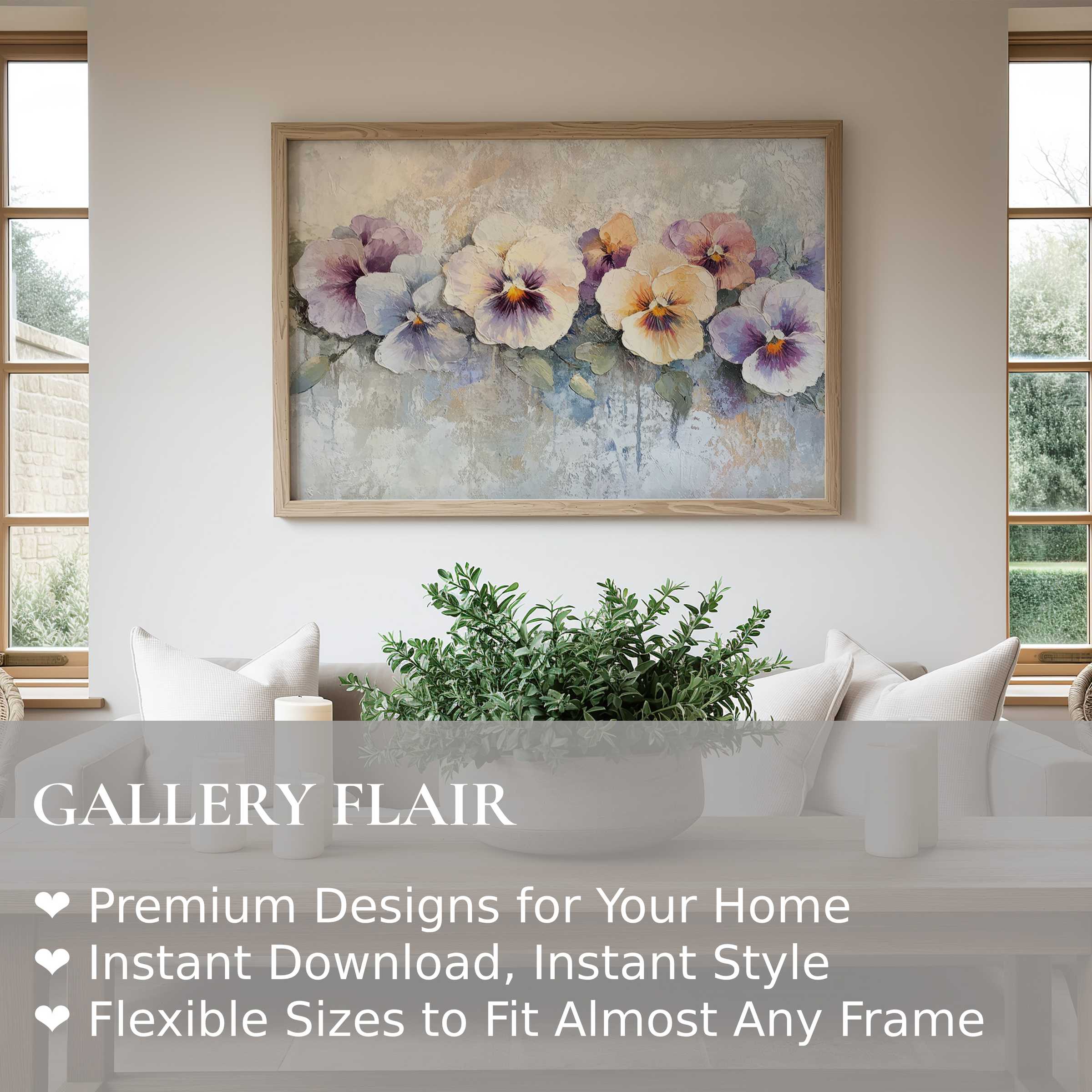 Botanical wall art print featuring soft pansies in pastel hues, enhancing serene modern living spaces with calming, elegant floral charm
