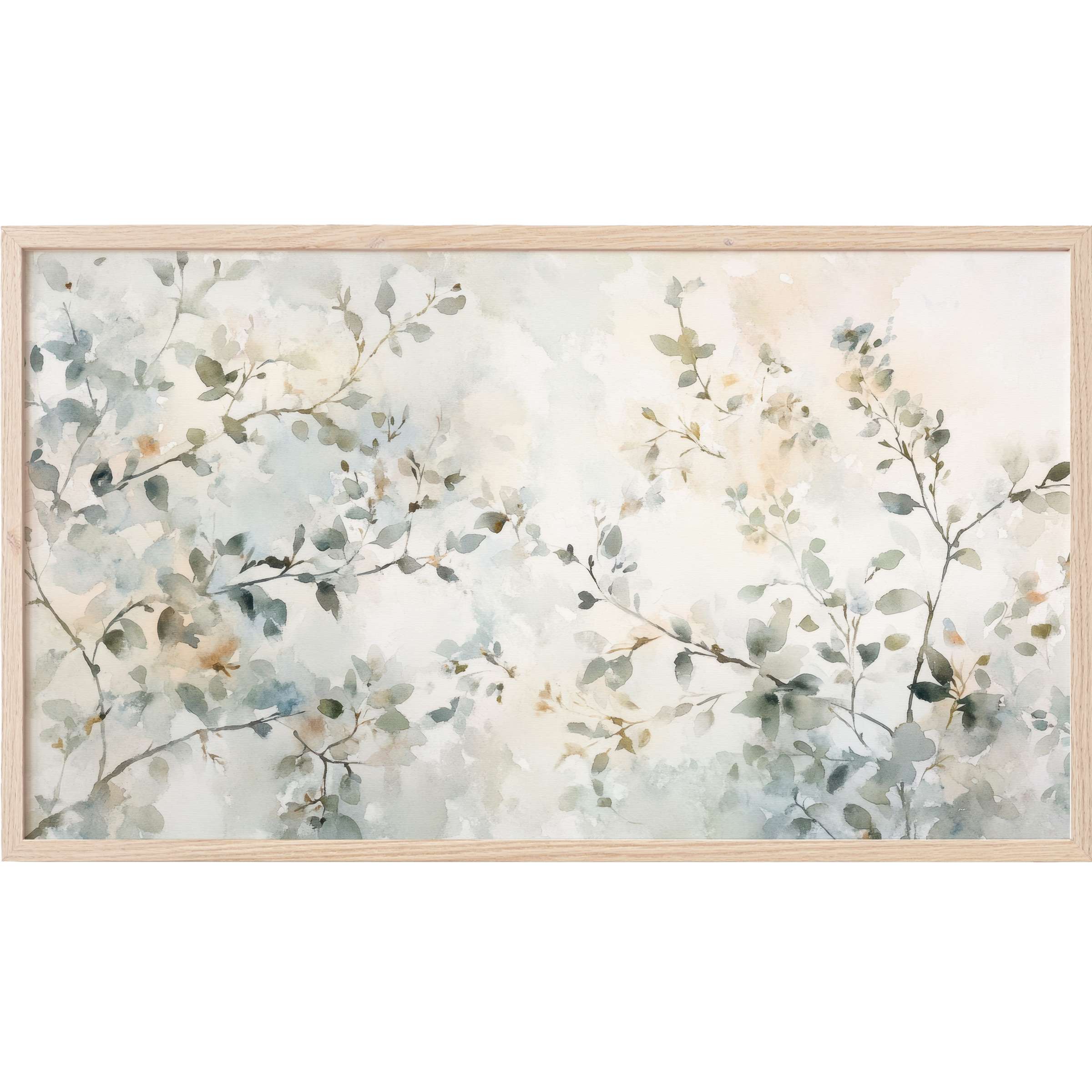 Floral Frame TV Art with delicate watercolor branches in soft blues, greens, and beige, elegant and modern style