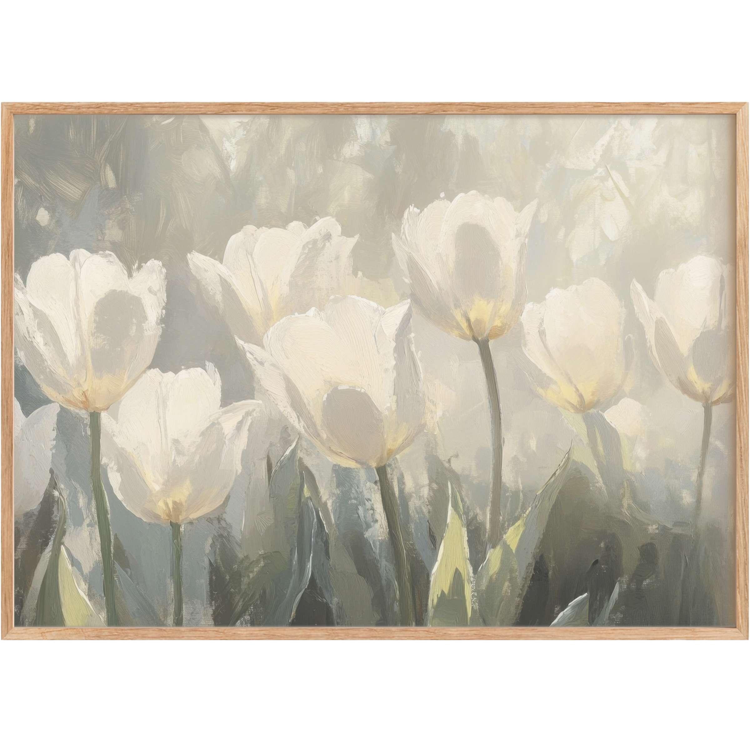 Soft white tulips set against muted grays and greens, evoking a serene, radiant mood for elegant spring printable wall art