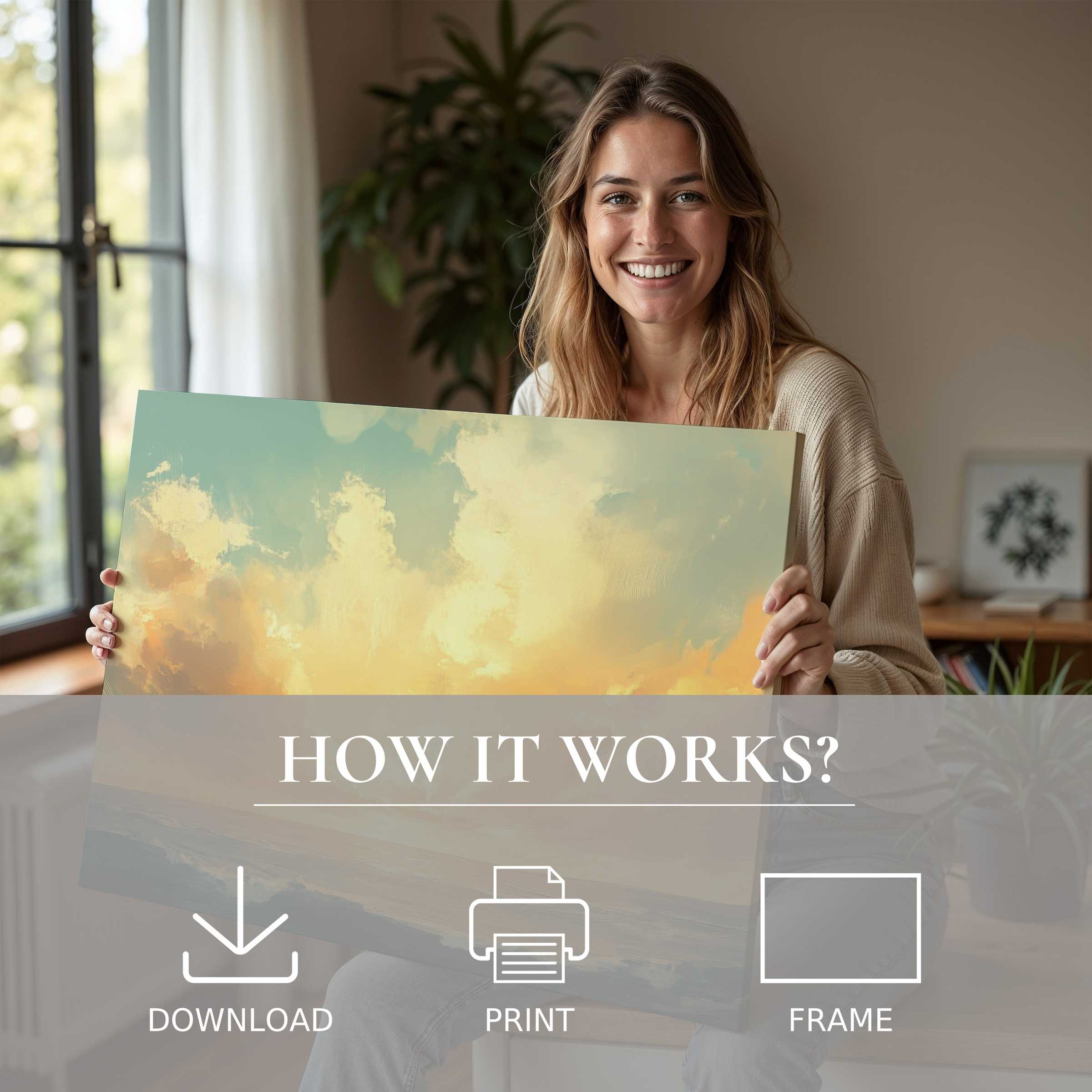 Coastal digital art print radiates tranquil warmth as it transforms a modern home with effortless elegance and joyful connection