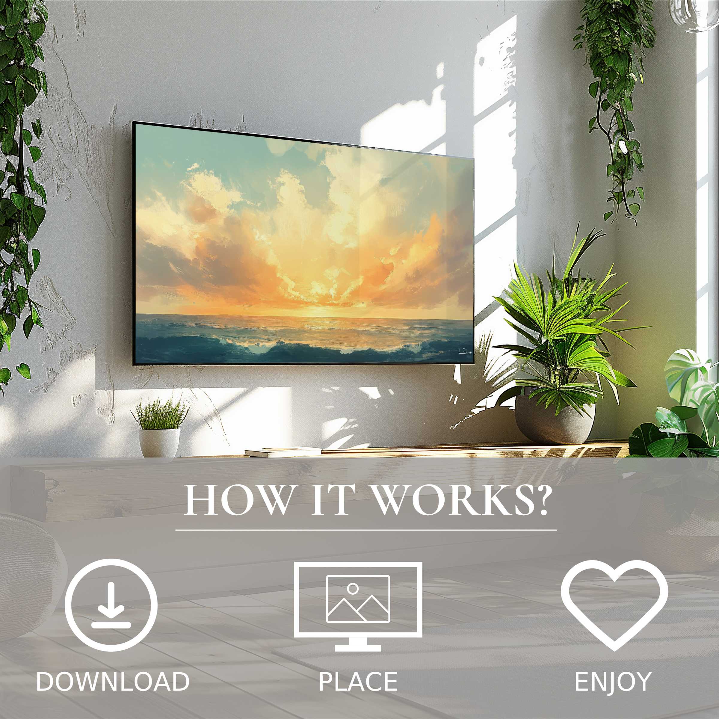 Coastal art for Samsung TV shows soft sunset tones on Frame TV; easy digital download enriches stylish living spaces