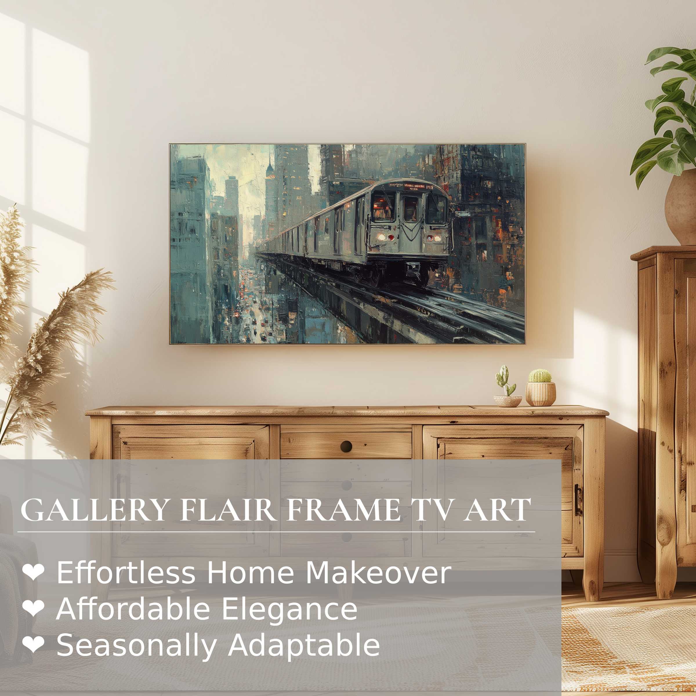 Modern urban digital artwork of a city train on Samsung Frame TV, perfect for refined home decor spaces
