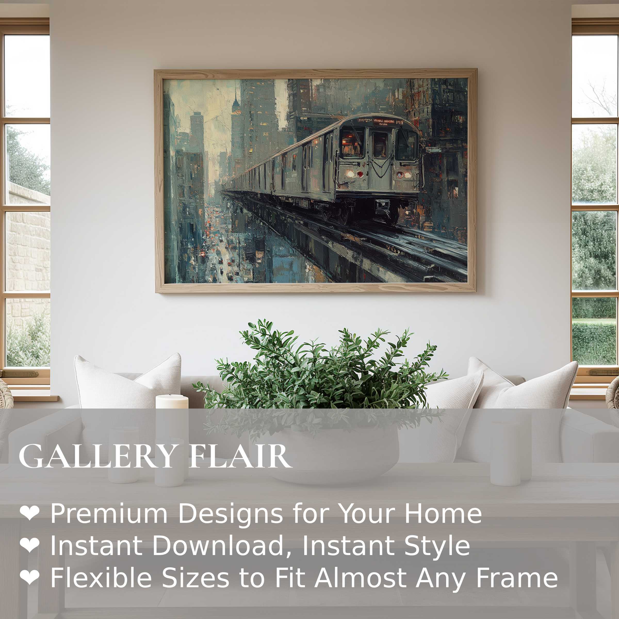 Urban art wall art print capturing a bold, textured cityscape with elevated train; enhances contemporary, minimalist living spaces