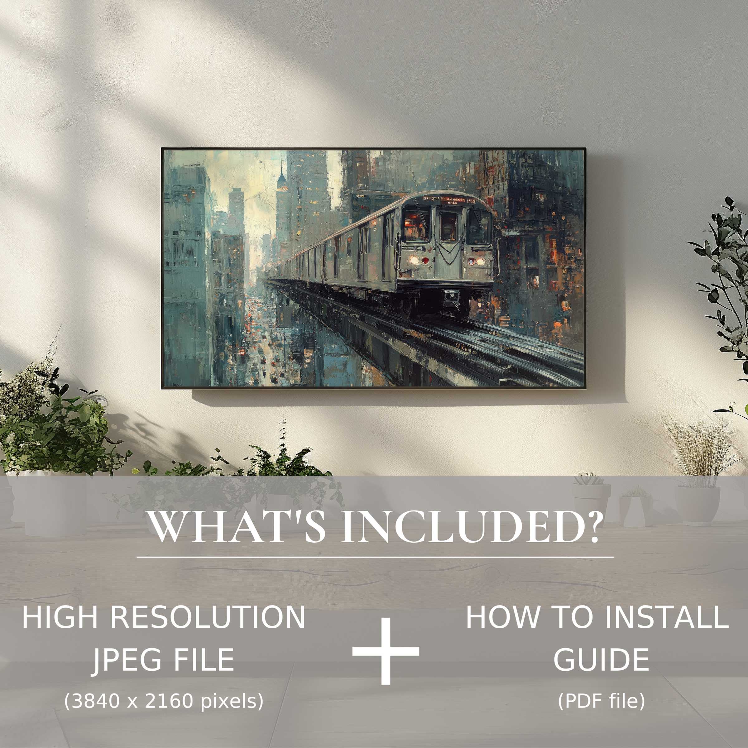 Urban digital TV art download featuring a sleek metro scene, enhancing living space with effortless digital elegance