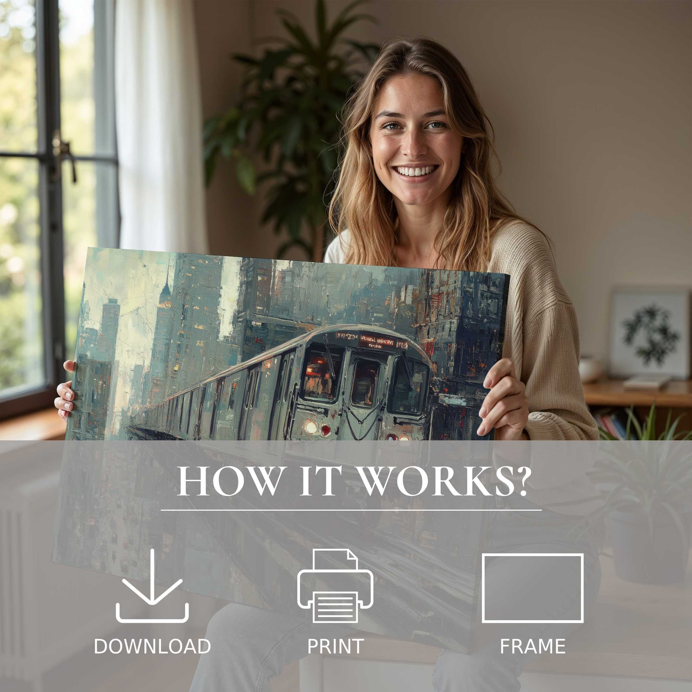 A joyful woman in a chic home reveals an urban digital art print, embodying effortless elegance and timeless connection with modern creativity