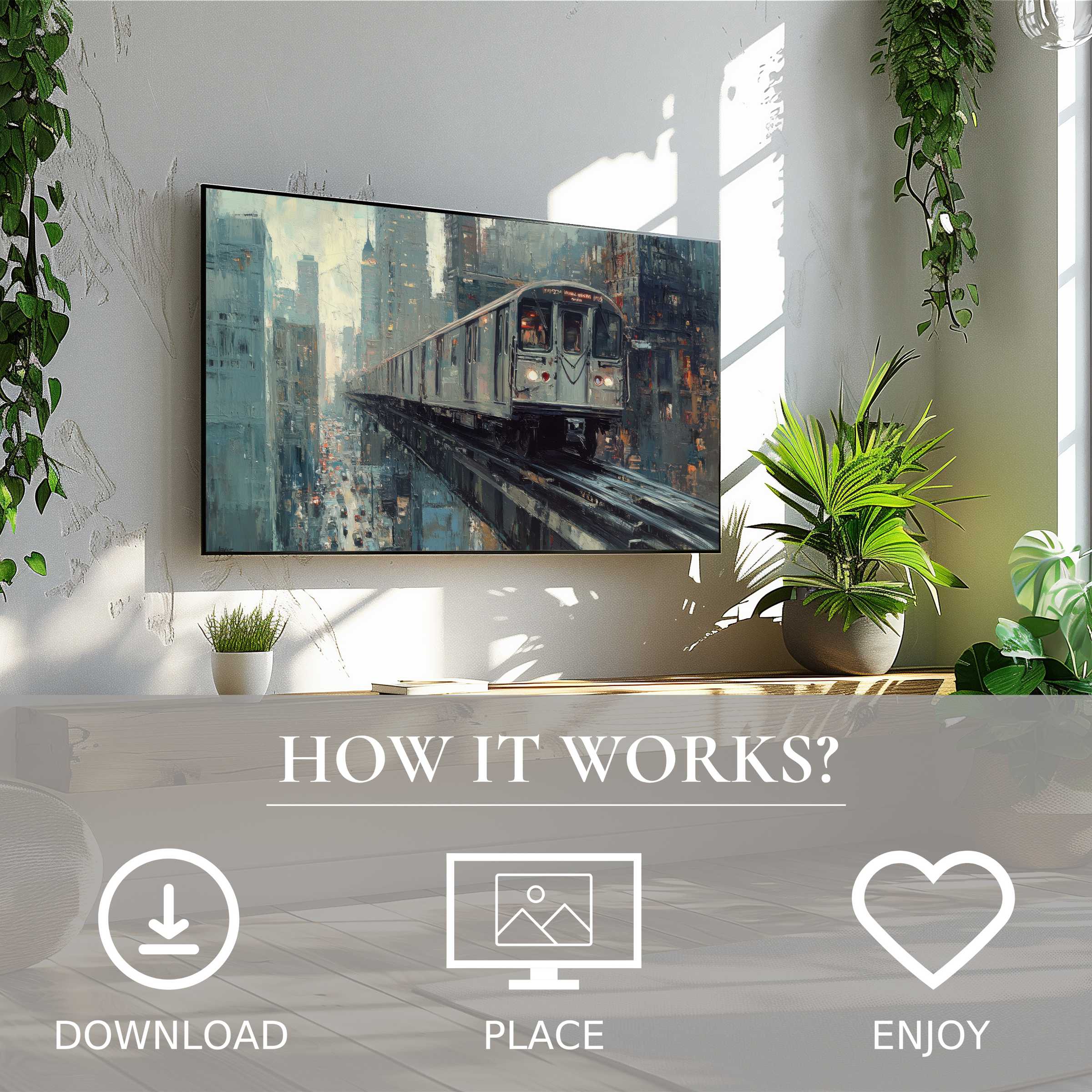 Urban art for Samsung TV showing a moody cityscape with train; easy digital download enriches modern living spaces
