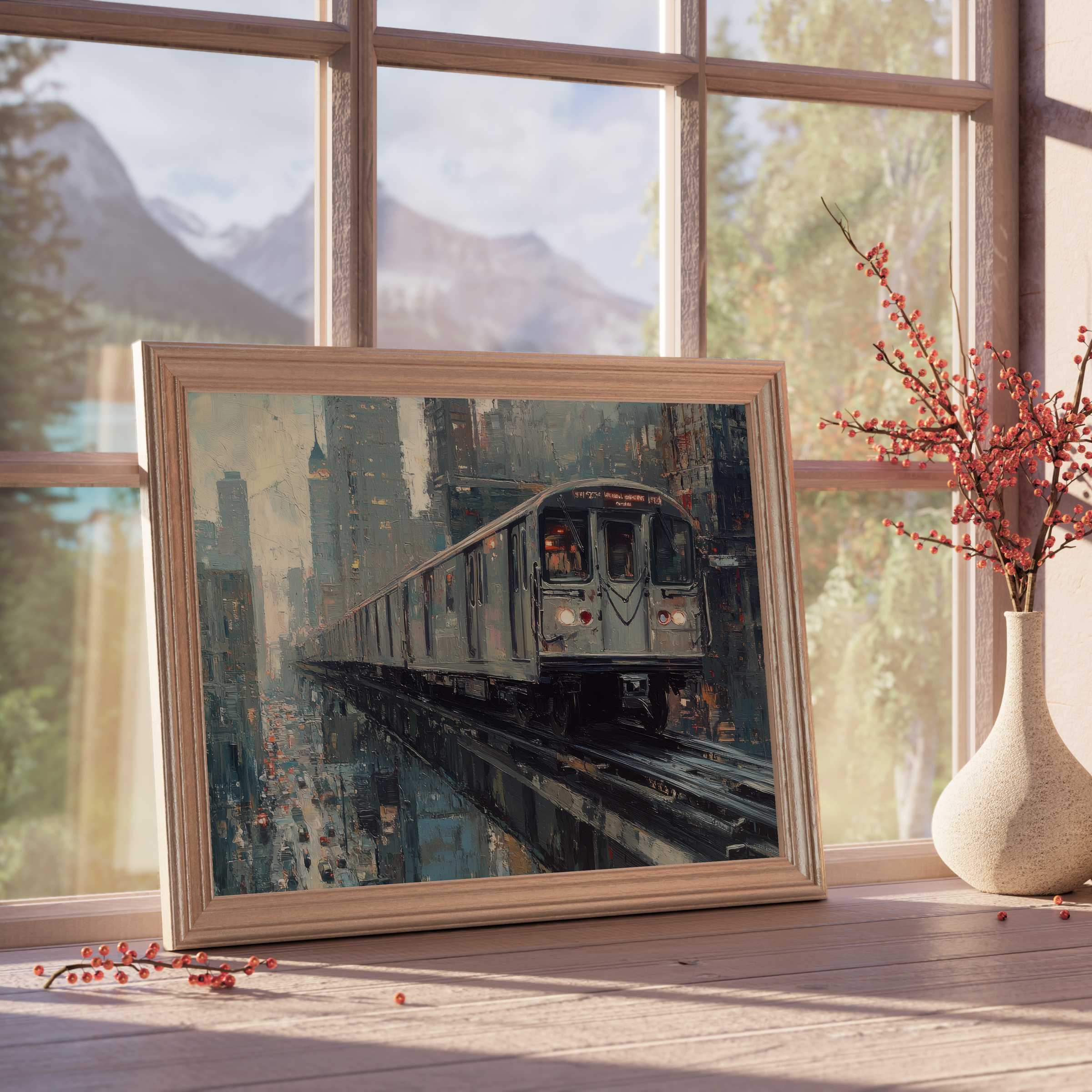 Urban downloadable art capturing a moody cityscape with a sleek train, perfect for curated, tranquil interiors