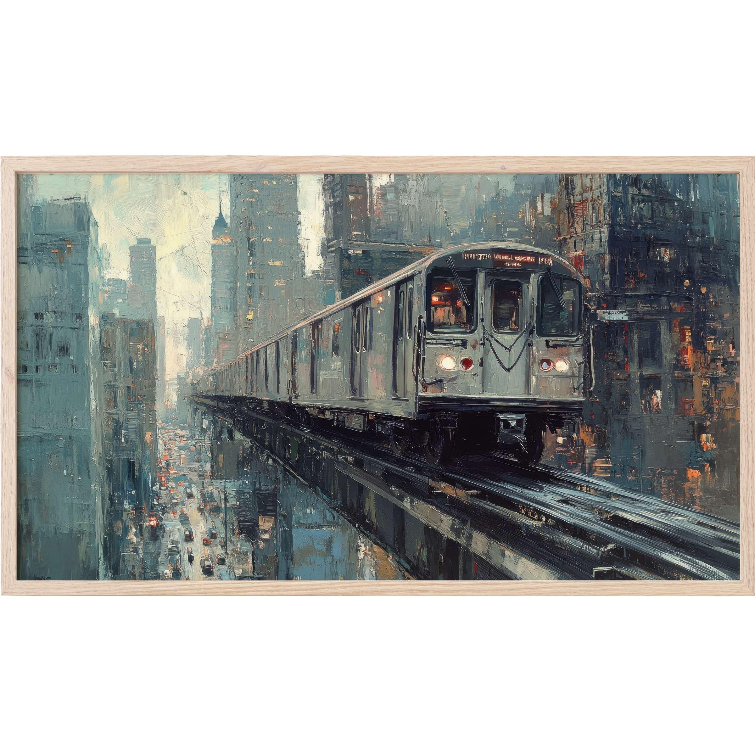 Urban Frame TV Art of a sleek subway train amidst misty blues, grays, and warm city lights in textured style