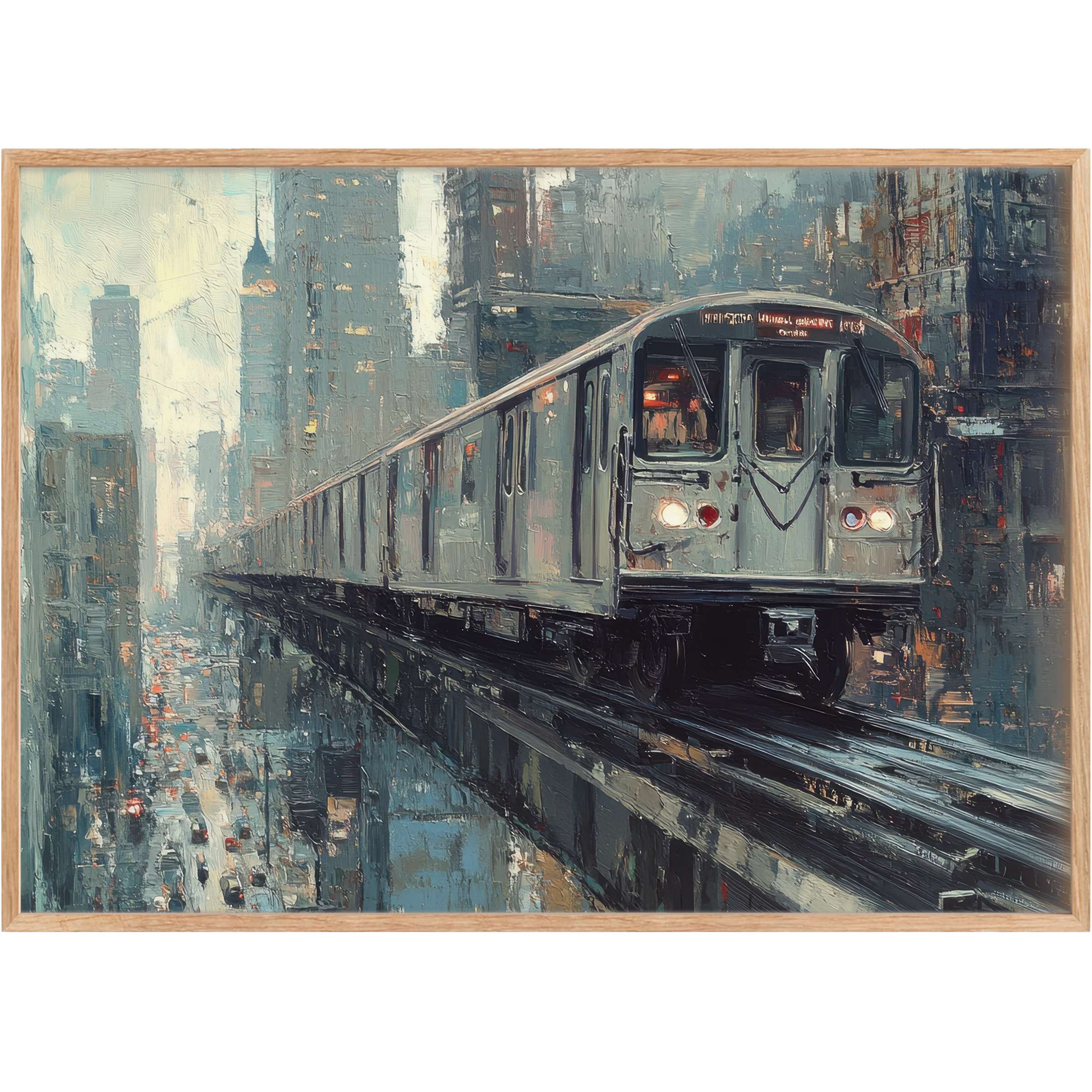 Urban printable wall art capturing a sleek subway train gliding through a misty cityscape, evoking a bold, dynamic mood with cool blues and muted grays
