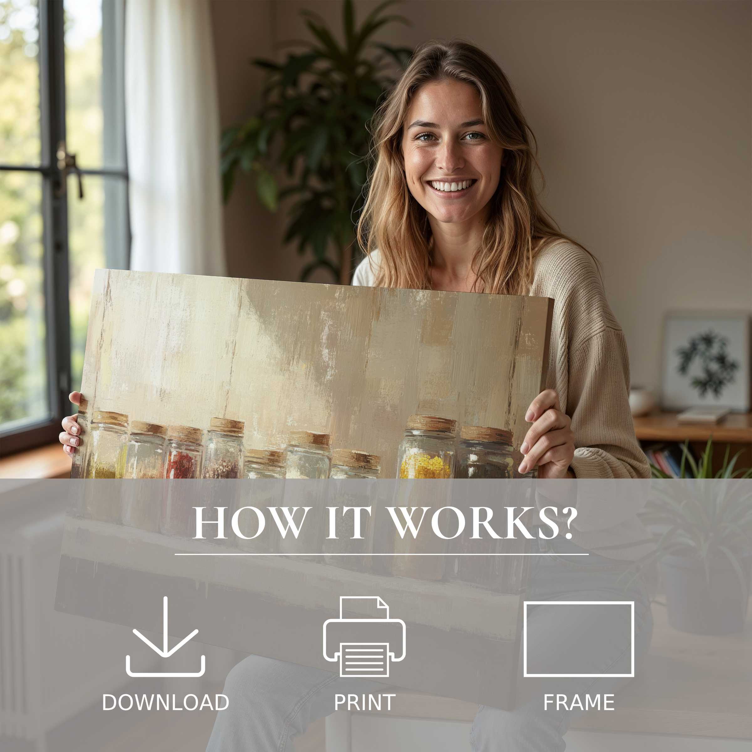 A radiant woman in a sunlit modern home cherishes her farmhouse digital art print, embodying the warmth and ease of living with inspired art