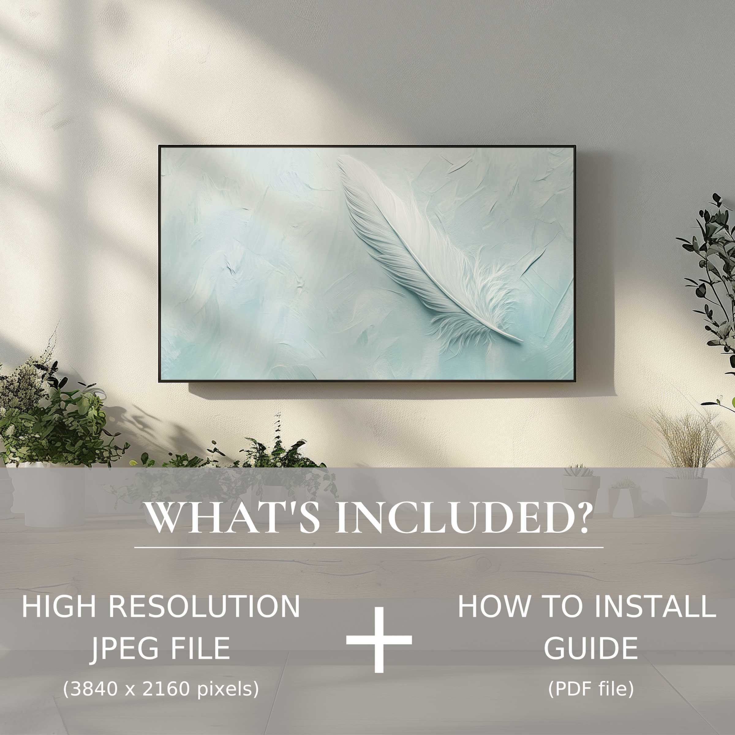 Minimalist digital TV art download featuring serene feather artwork, enhancing modern spaces with effortless digital elegance