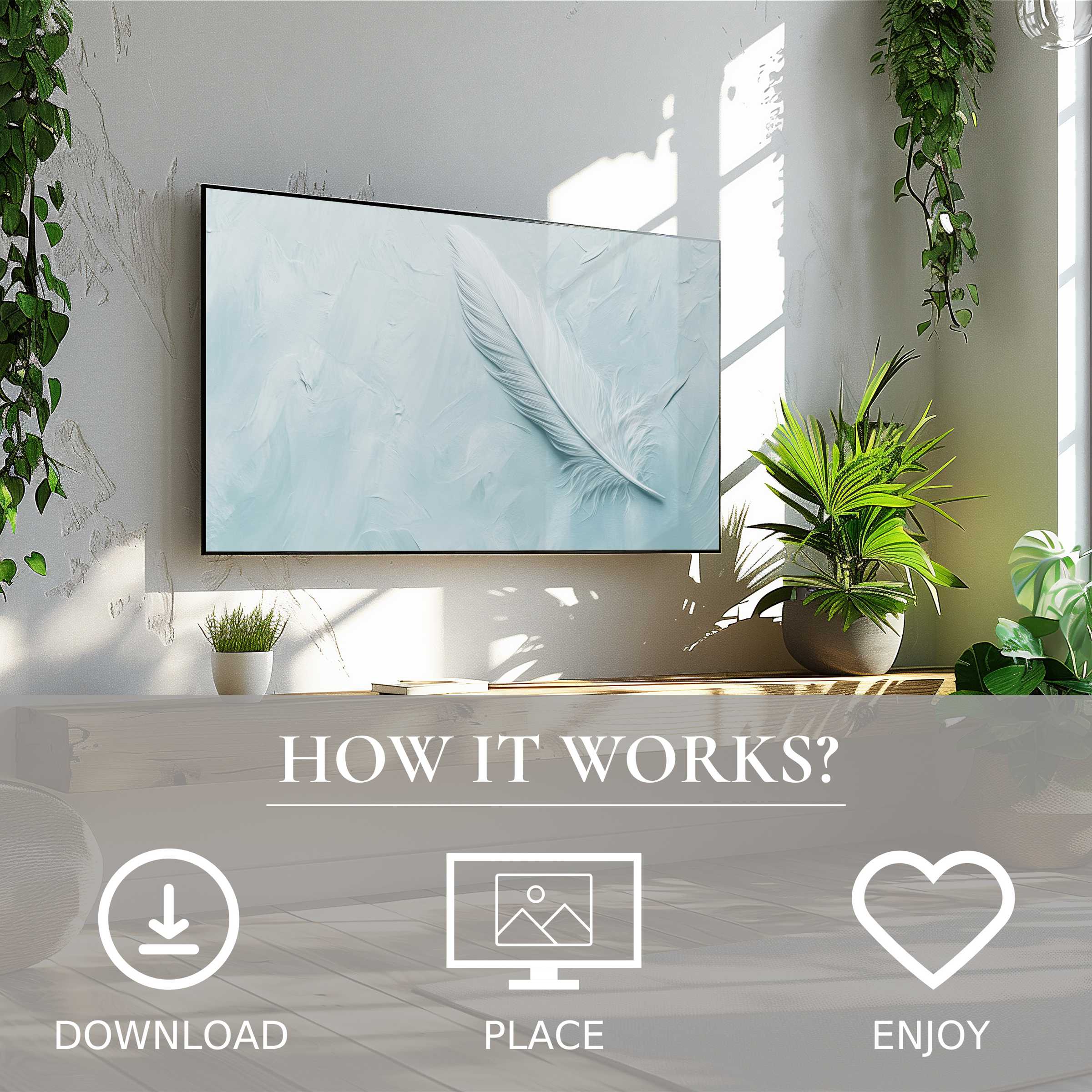 Minimalist art for Samsung TV with soft feather motif in cool tones, easy digital download enriches modern living spaces