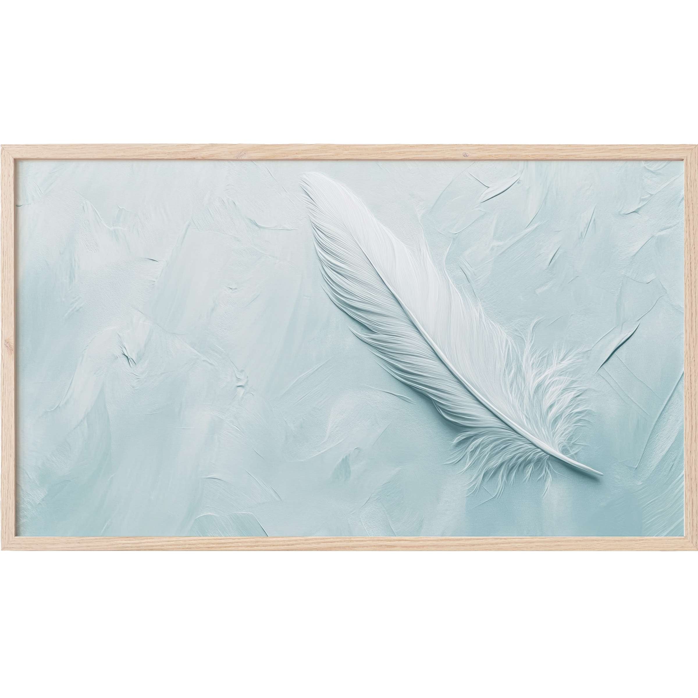 Elegant white feather on textured soft blue background in minimalist Frame TV Art style with natural wood frame