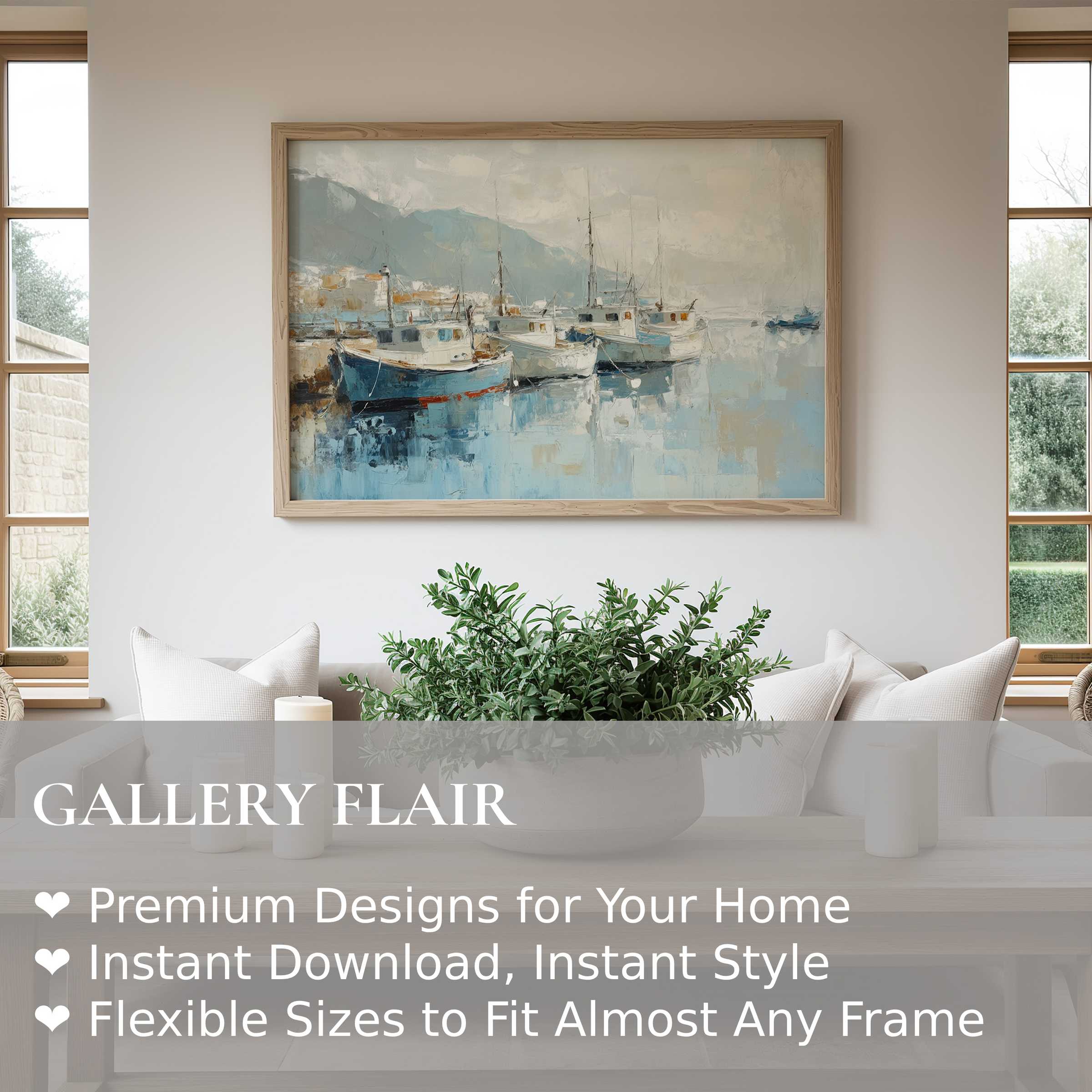 Serene beach wall art print depicting moored boats in soft blues and neutrals, enhancing modern coastal interiors with calming elegance