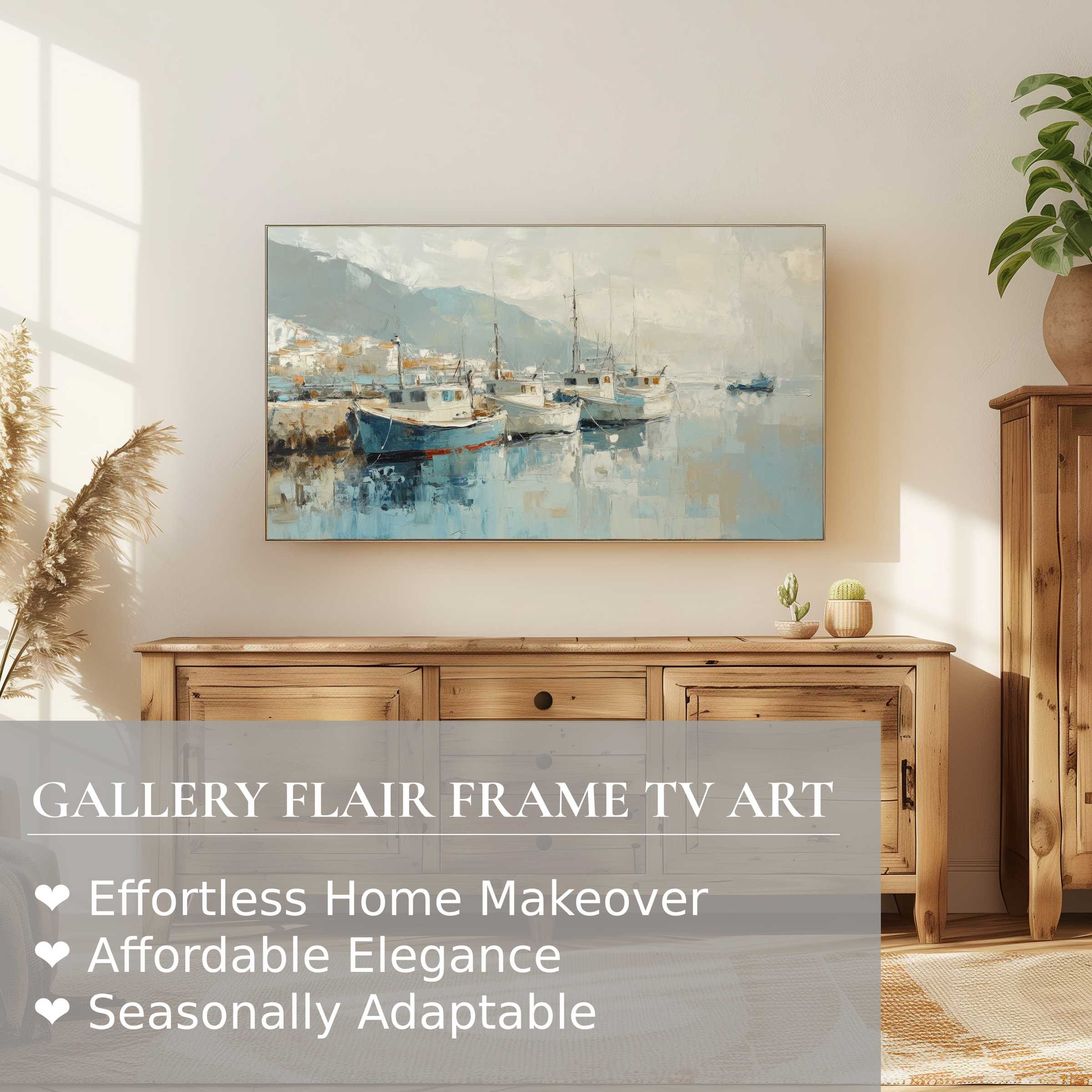 Samsung Frame TV displaying serene beach digital artwork of boats, blending refined coastal charm with modern elegance