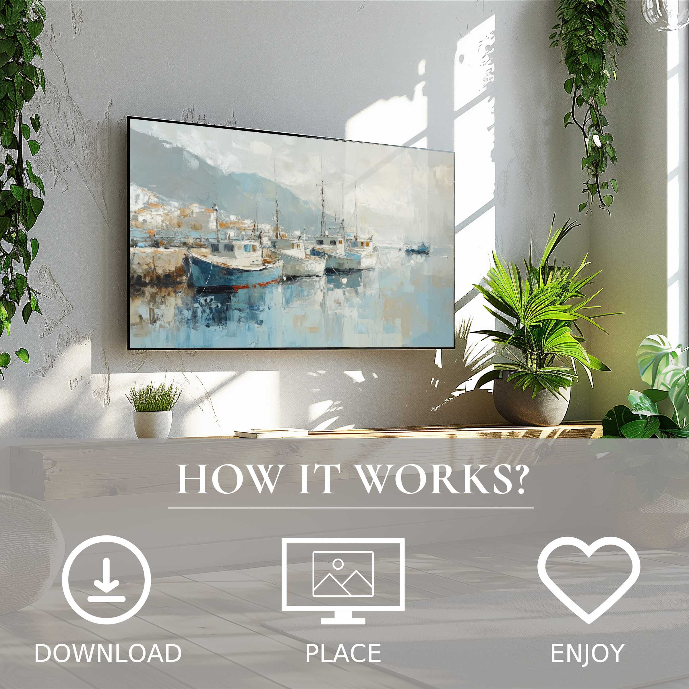 Modern living room with beach art for Samsung TV shows soft blue and beige boat scene, easy digital download enriches space