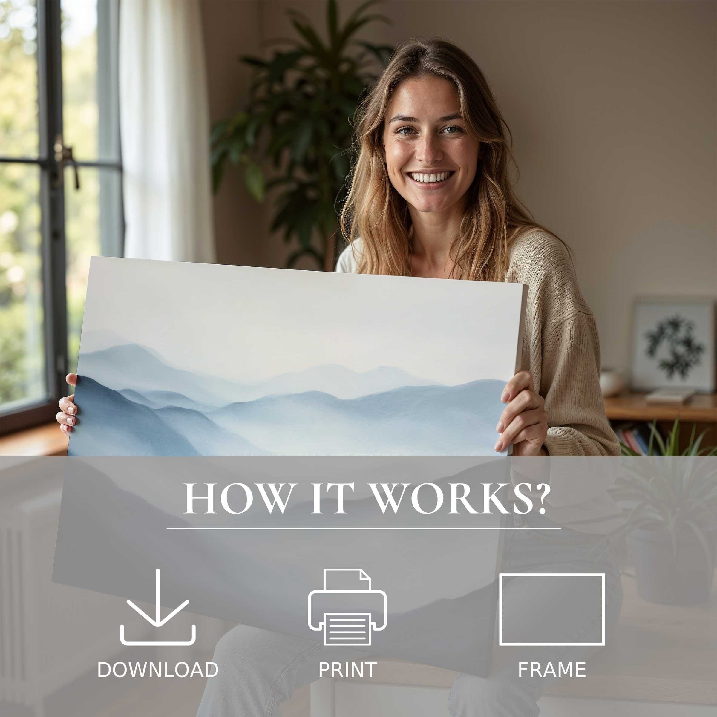 Refined woman in a serene modern home, embracing a neutral digital art print that brings calm joy and effortless elegance