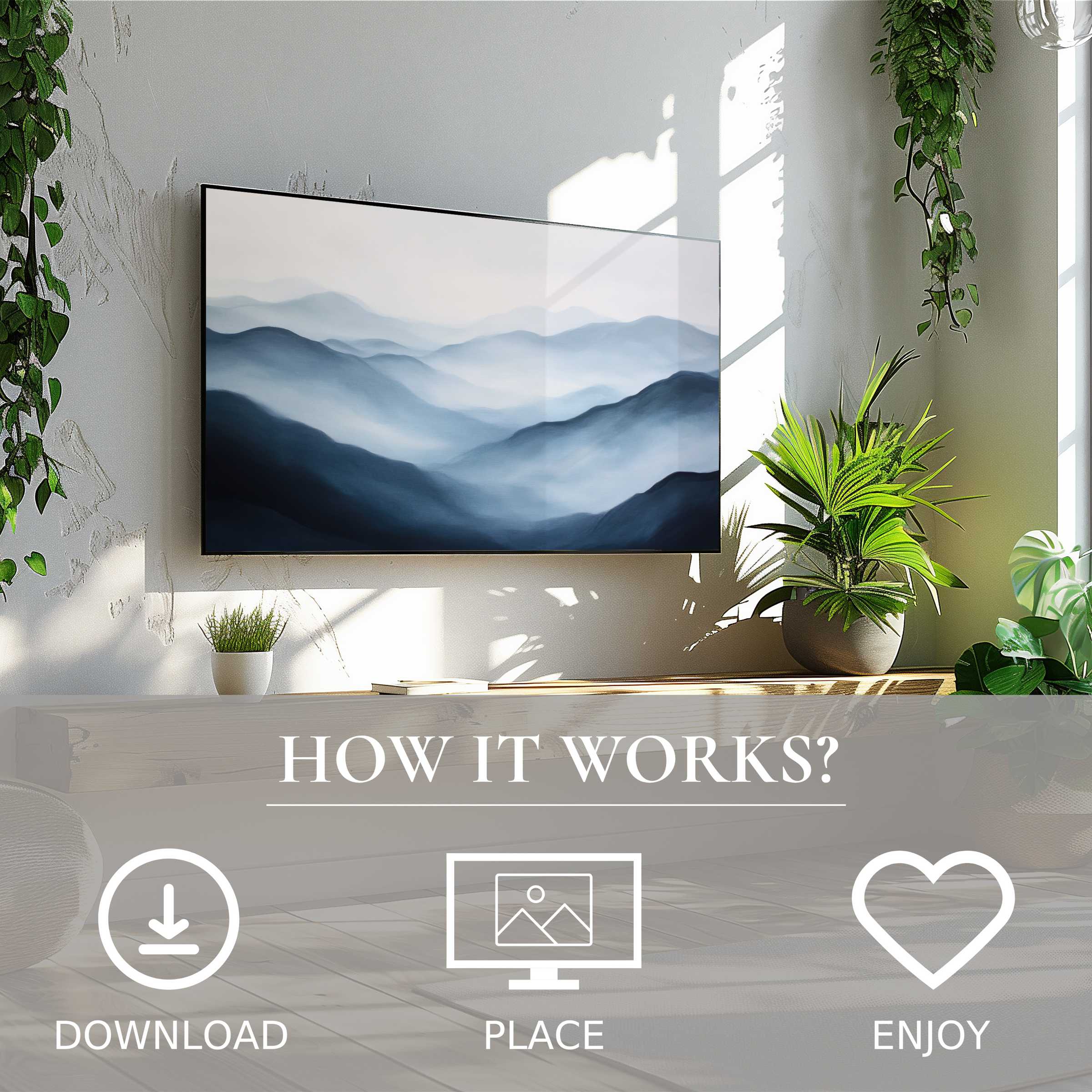 Neutral art for Samsung TV shows soft, misty mountain tones; easy digital download enriches modern living spaces