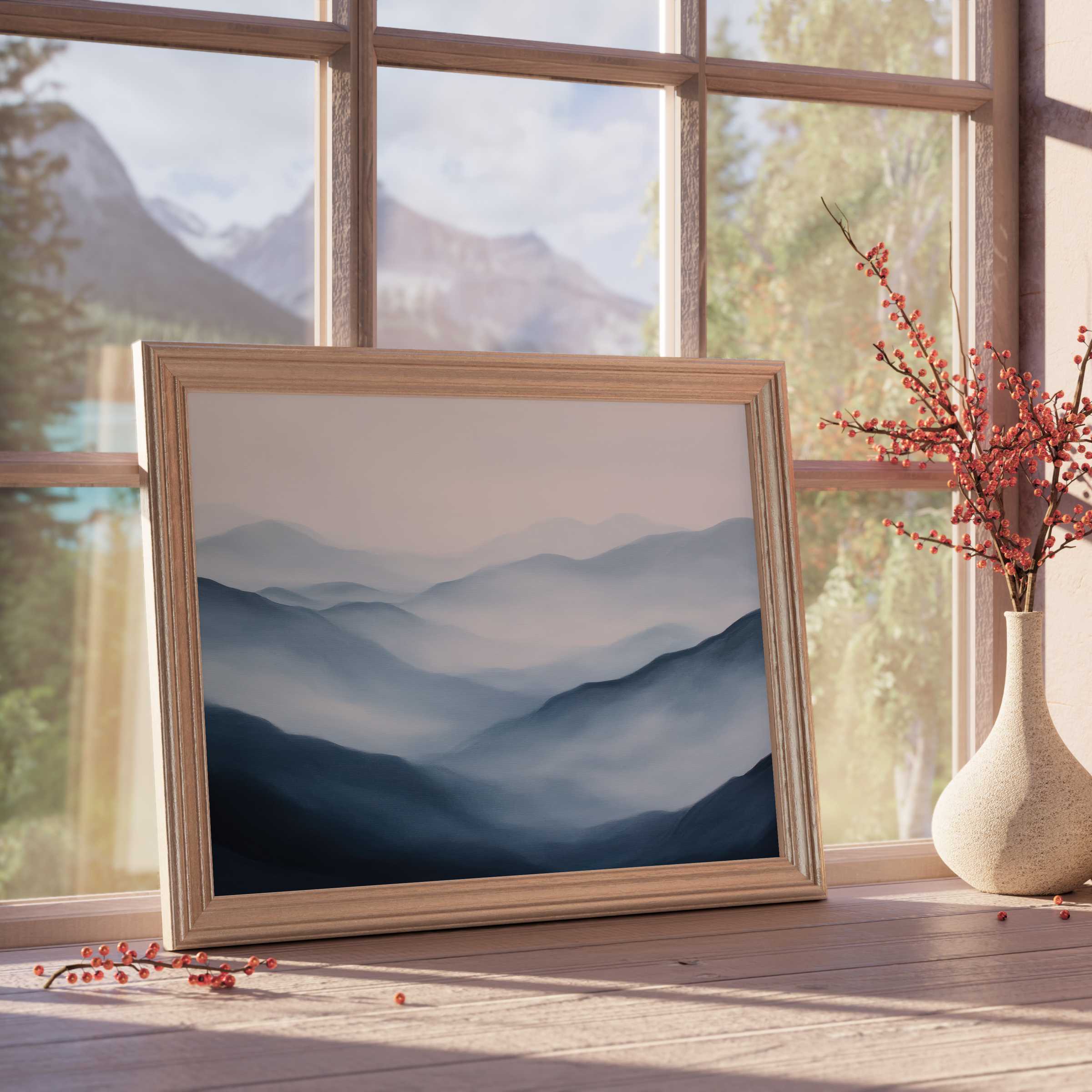 Serene neutral downloadable art featuring layered misty mountains in soft blues, perfect for tranquil, design-forward interiors
