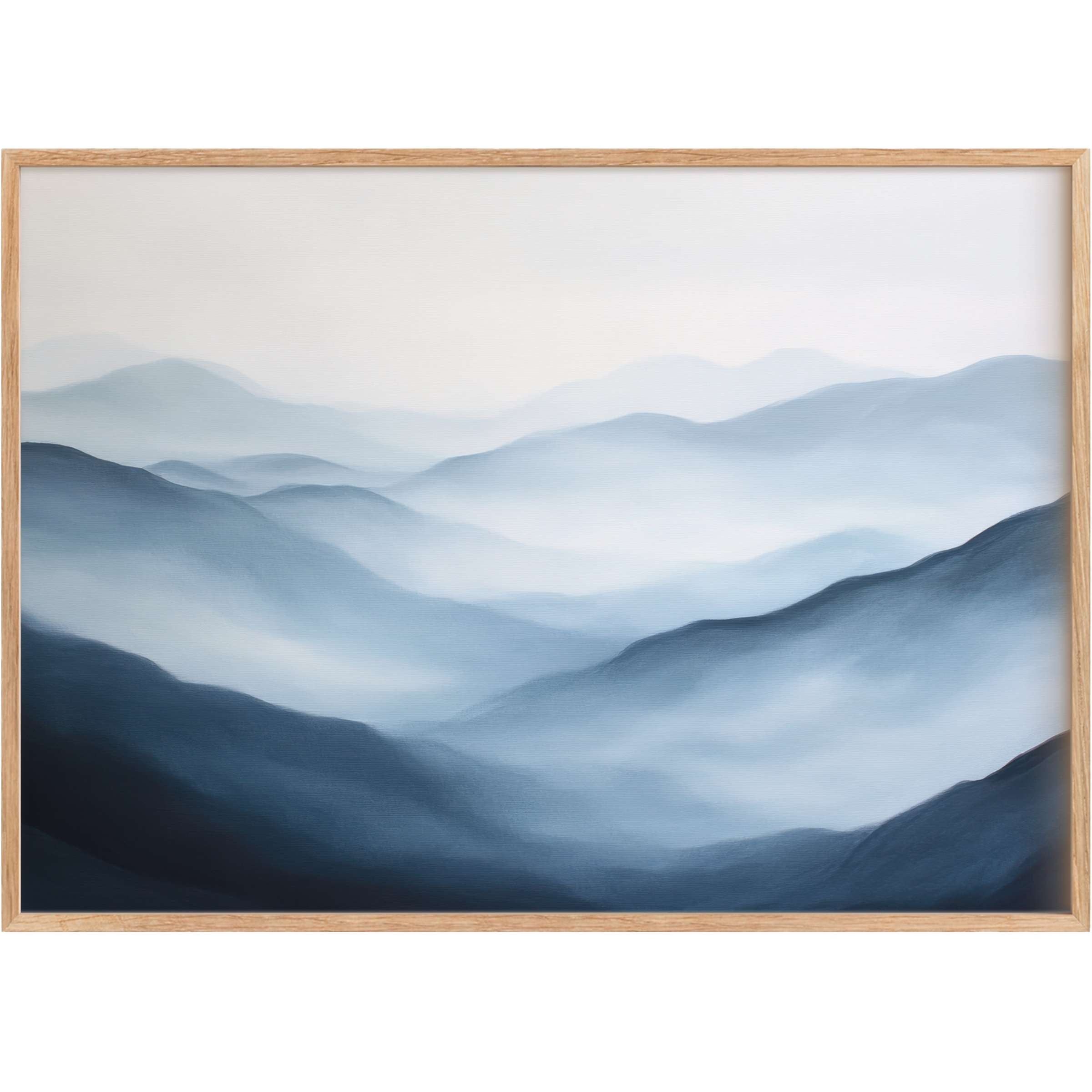 Serene neutral printable wall art featuring soft blue-gray mountain layers, evoking calm and timeless elegance