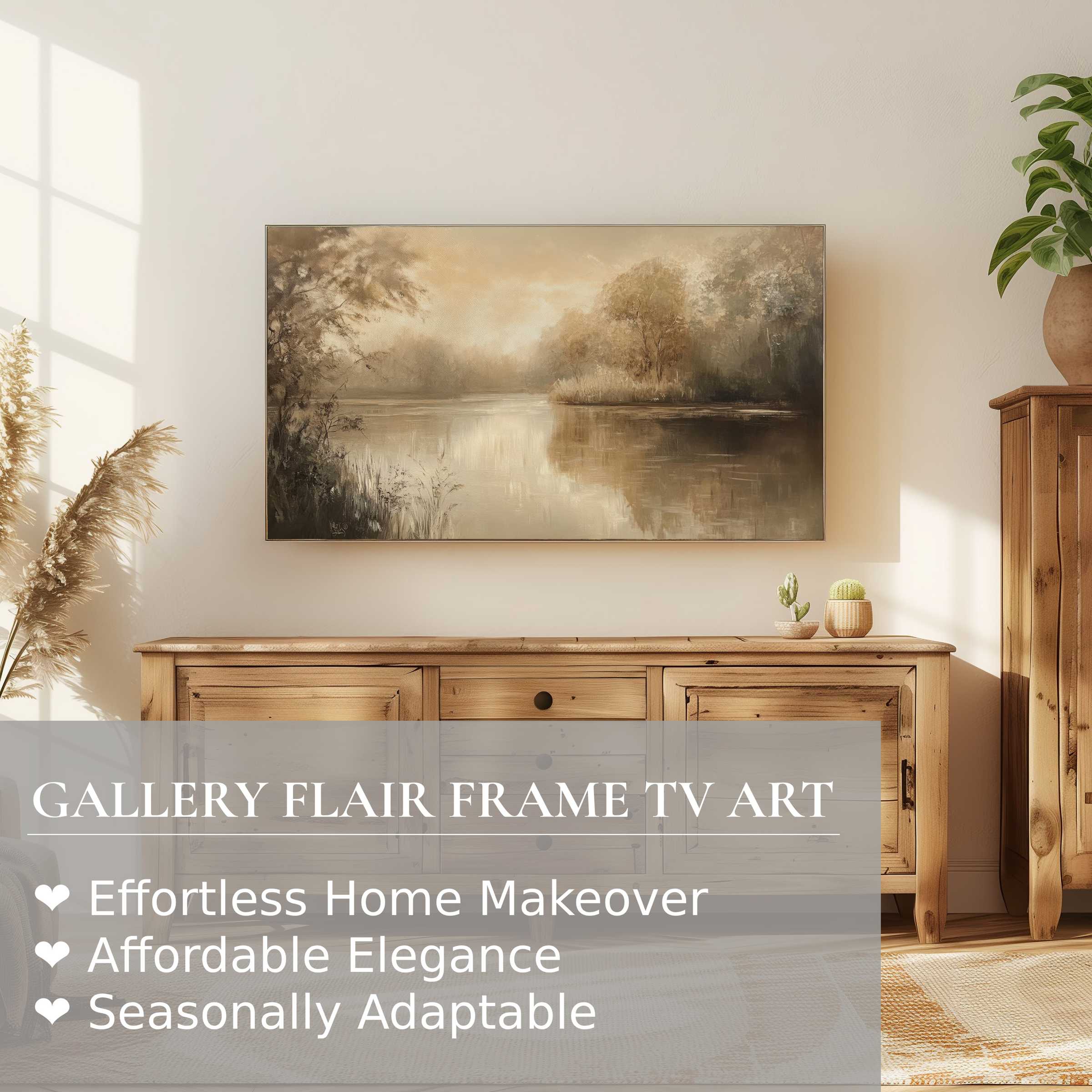 Samsung Frame TV displaying muted, serene landscape digital artwork in a warm, elegant, natural home setting