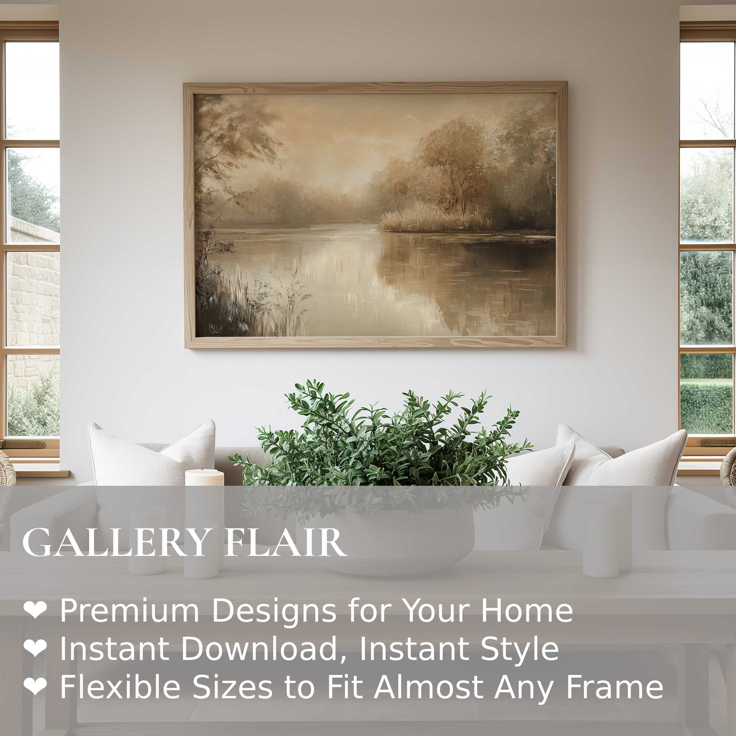 Serene landscape wall art print with soft earth tones, enhancing a modern minimalist living room with calming, natural elegance