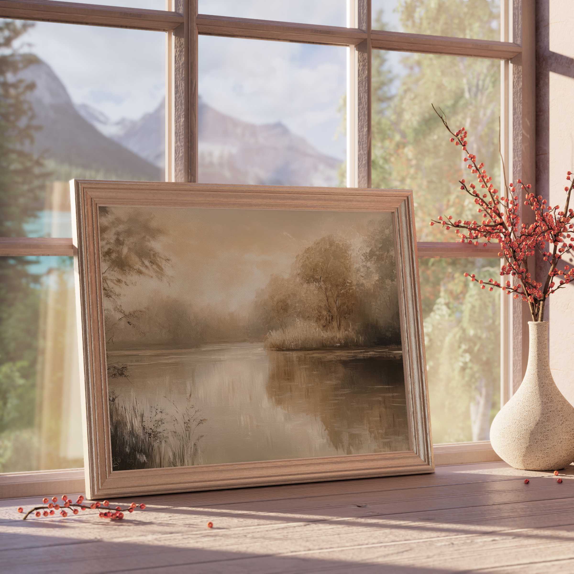 Serene landscape downloadable art in earthy tones, elevating tranquil, curated interiors with natural elegance and warm ambiance