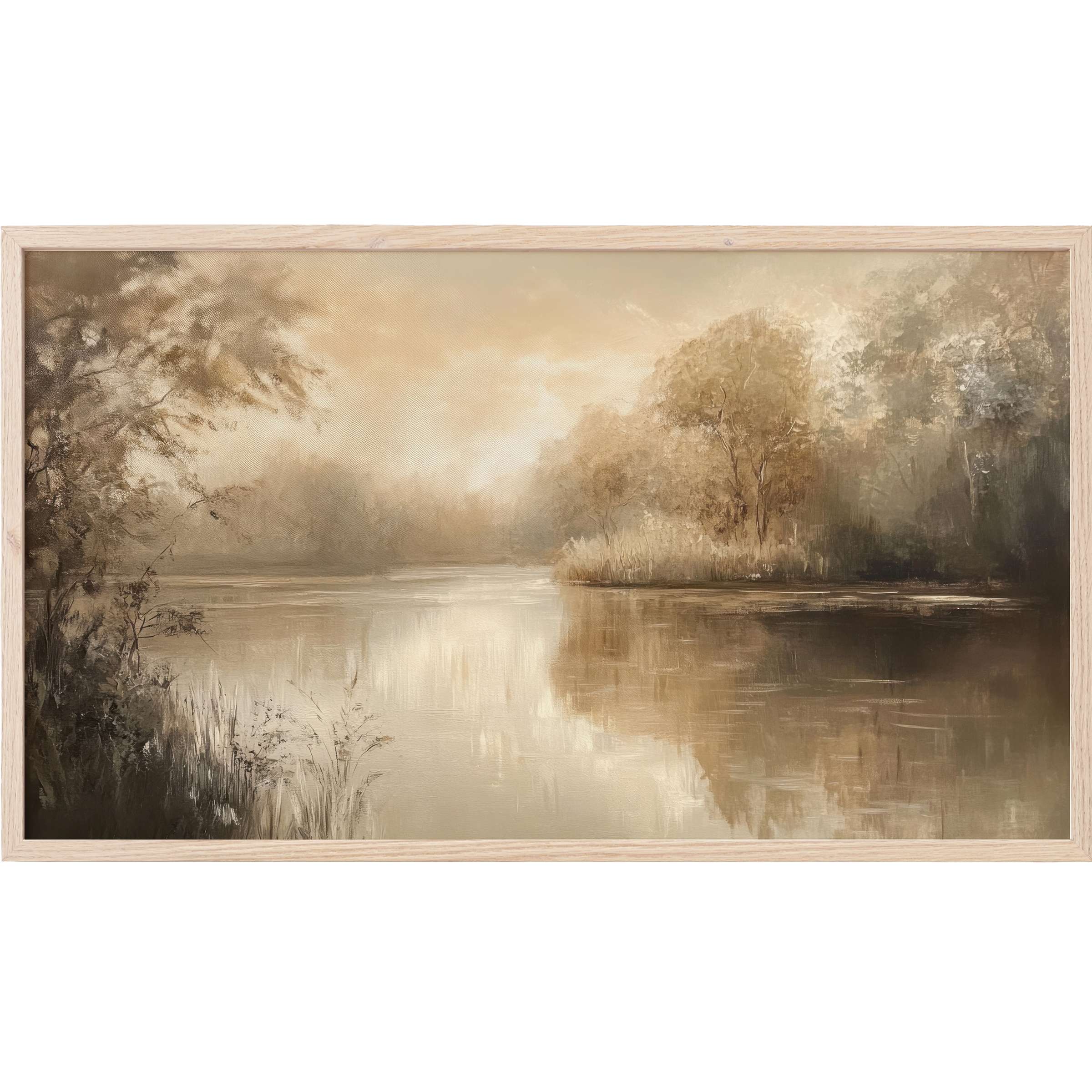 Serene sepia-toned river scene with soft brushstrokes and misty trees, a refined landscape Frame TV Art