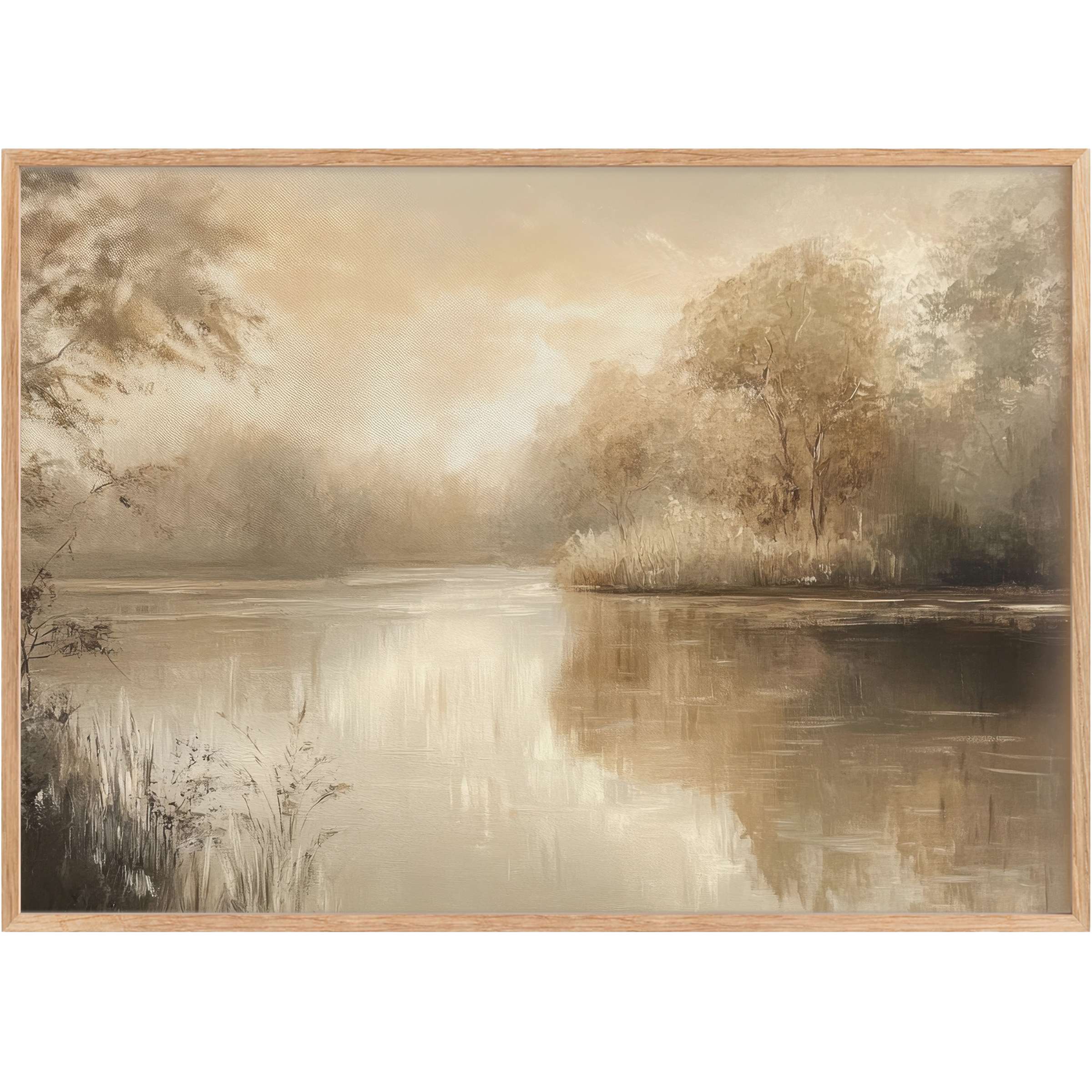 Serene landscape printable wall art in muted sepia tones, evoking calm reflection and timeless elegance for refined interiors