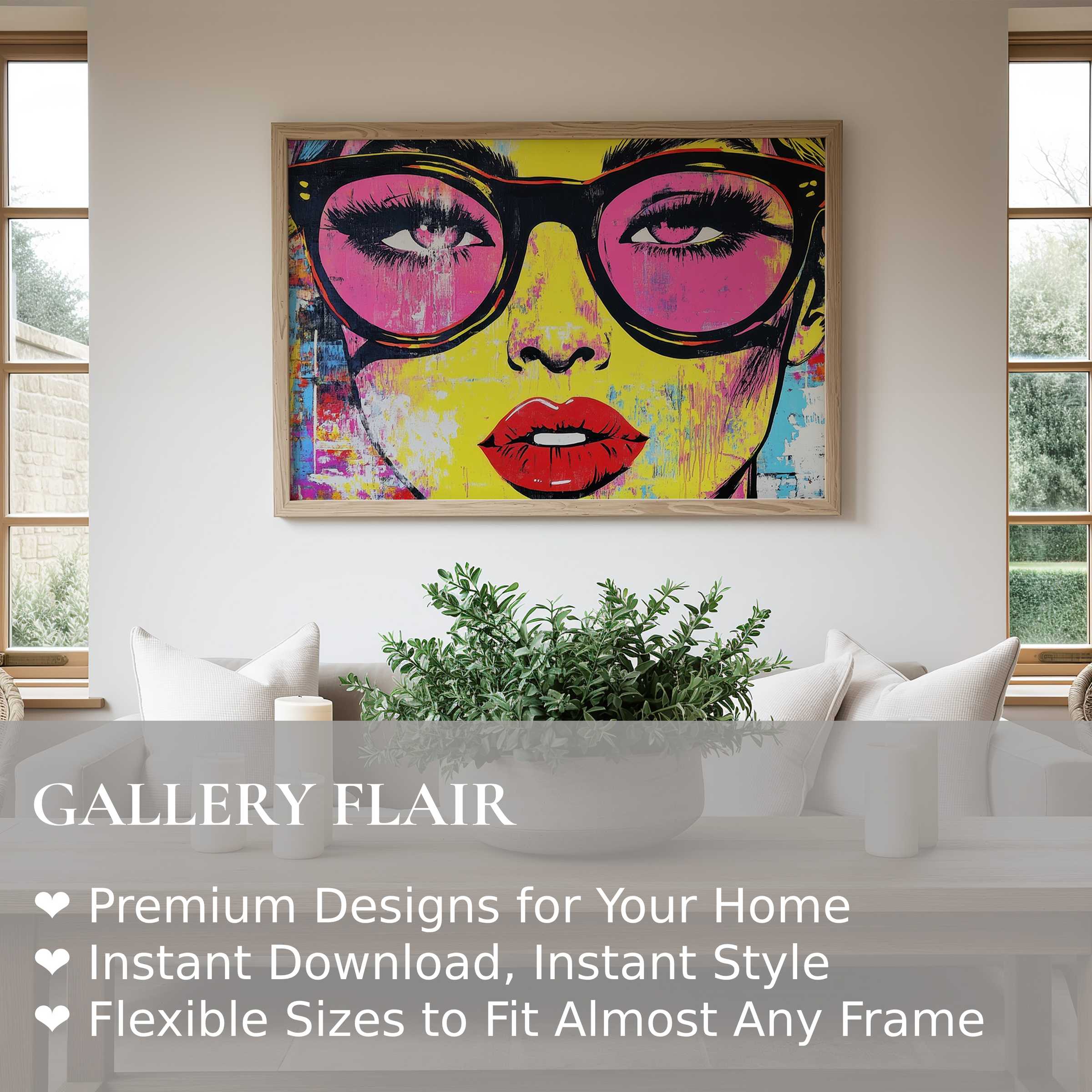 Vibrant pop art wall art print featuring bold, colorful portrait with pink glasses and red lips, enhancing modern minimalist interiors with edgy, dynamic style