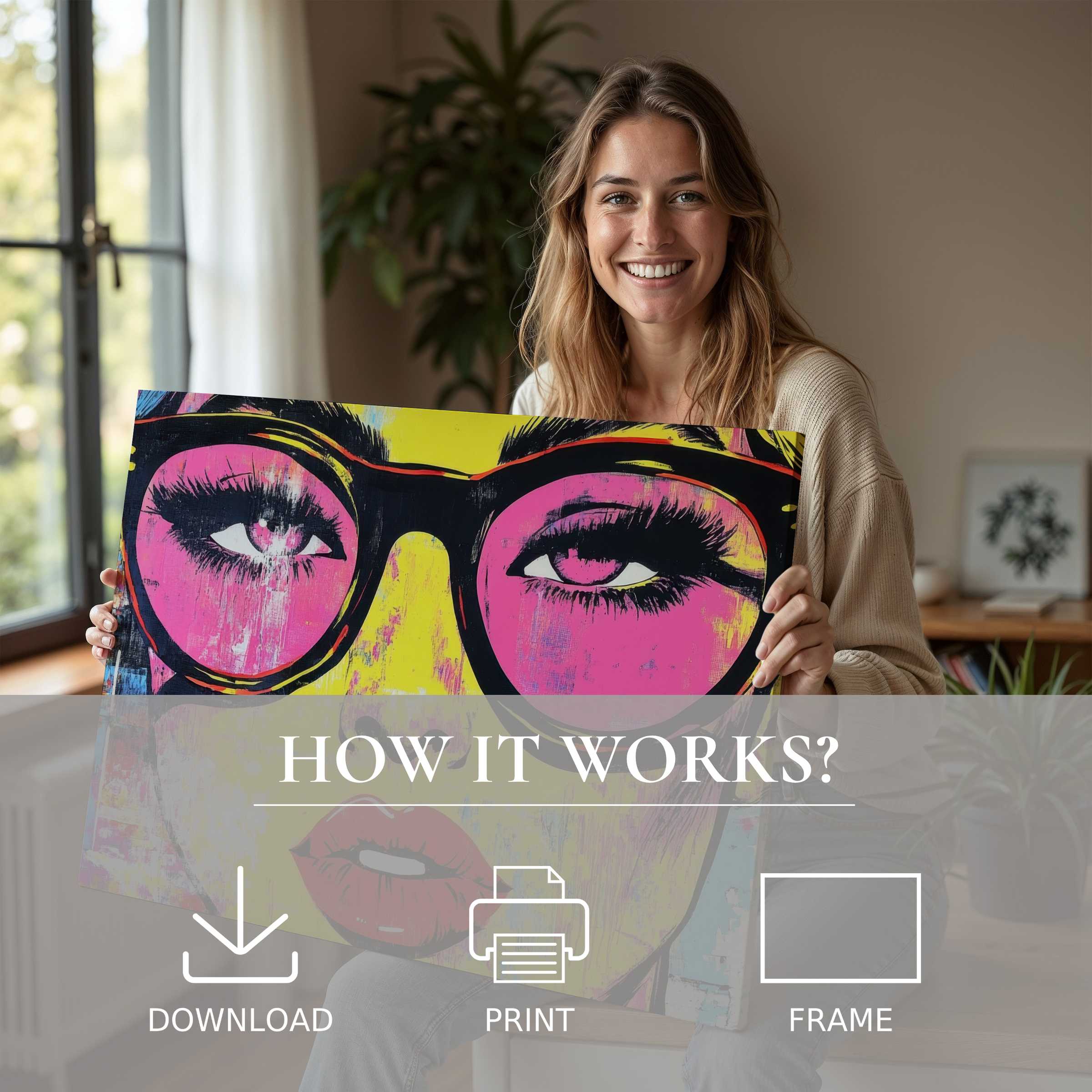 A joyful woman in a serene modern living room embraces vibrant pop art digital art print, celebrating art’s effortless elegance