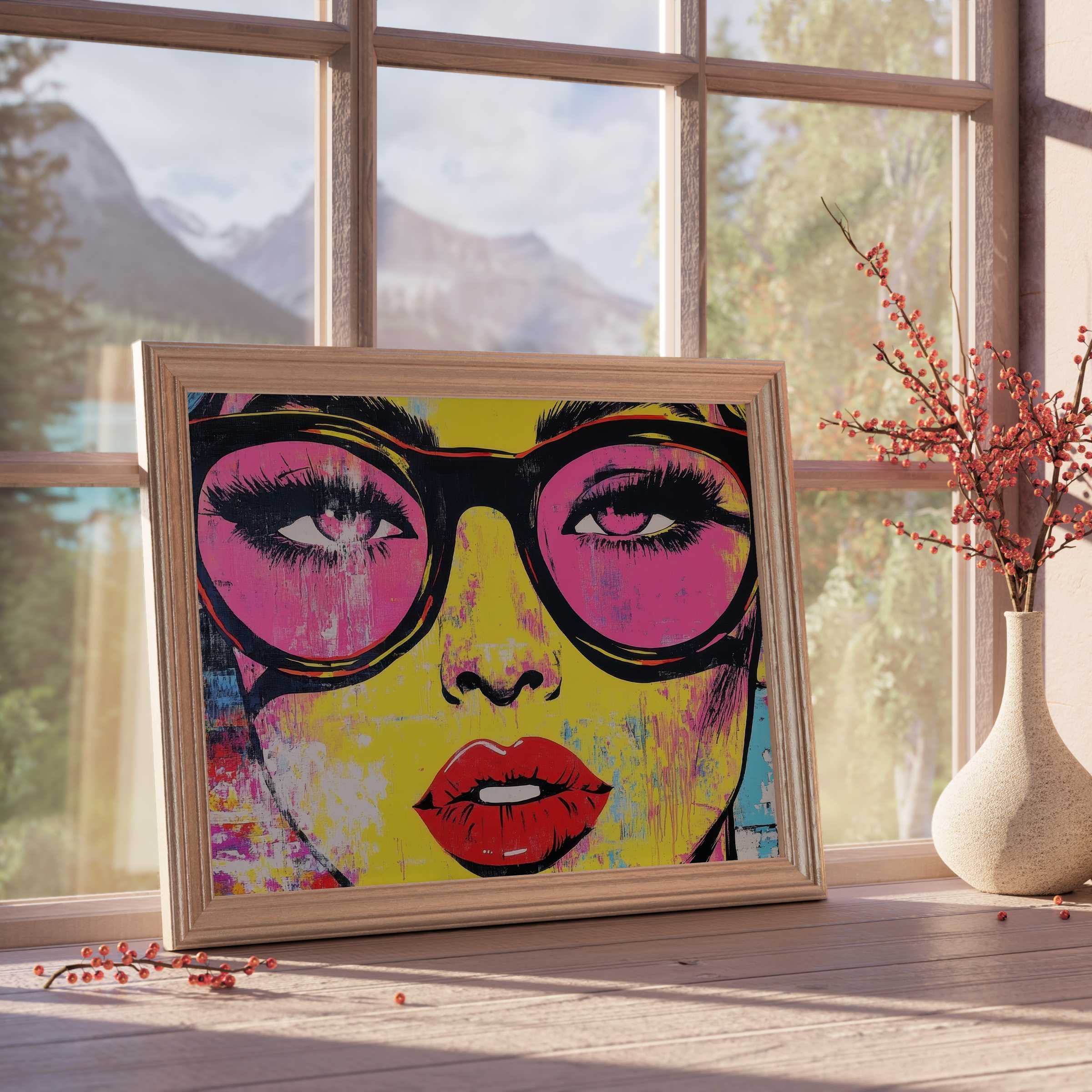 Vibrant pop art downloadable art featuring bold lips and oversized glasses, elevating curated, stylish interiors with flair