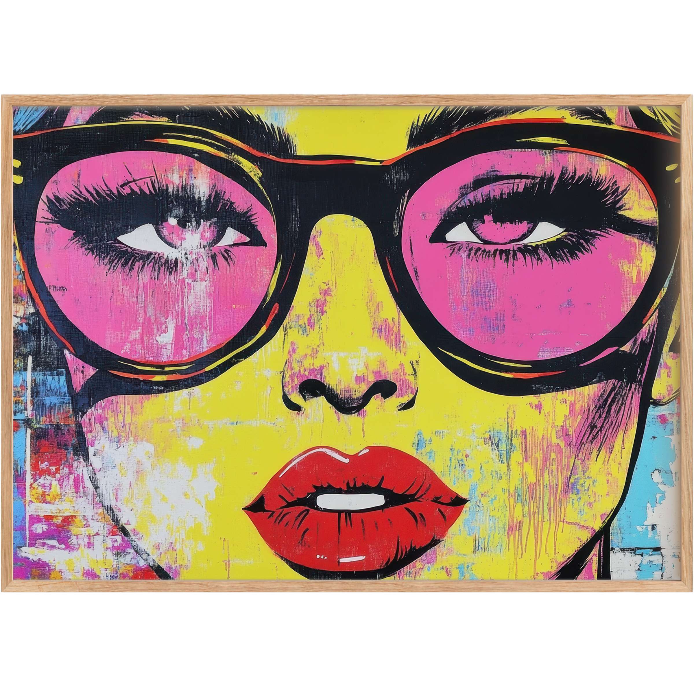Vibrant pop art printable wall art featuring bold pink and yellow hues with striking red lips, radiating confident, edgy allure