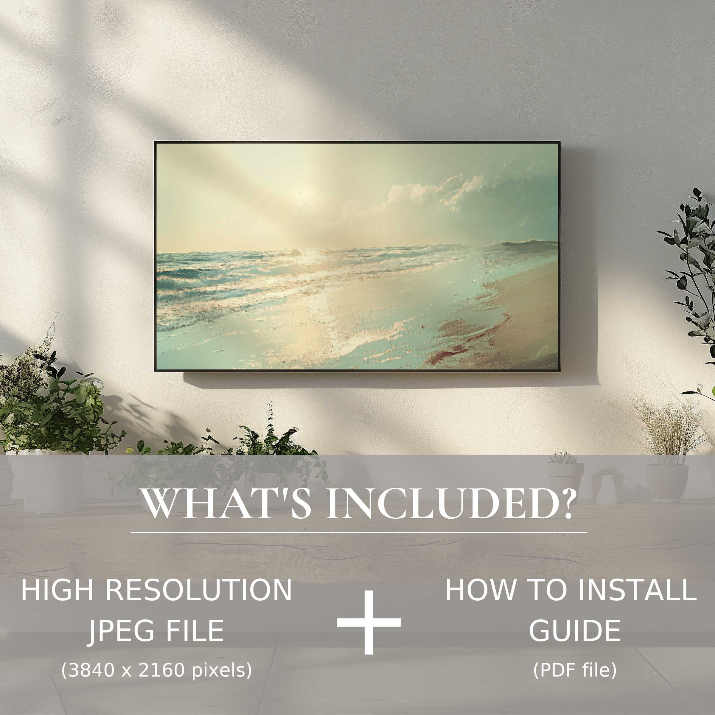 Elegant beach scene on TV enhances décor; summer digital TV art download offers easy, high-res digital installation