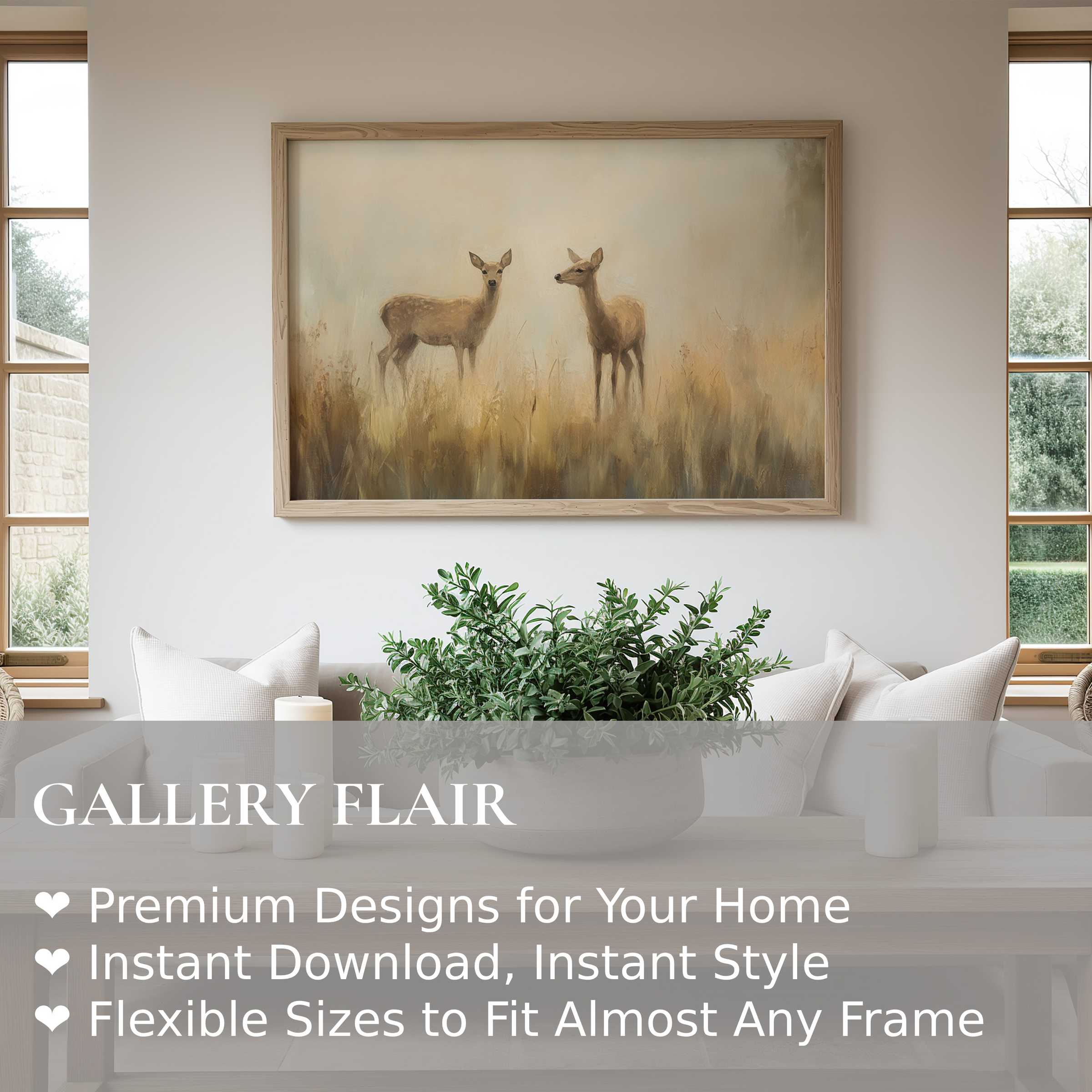 Vintage wall art print of serene deer in muted tones enhances modern minimalist living spaces with timeless, calming elegance and nature-inspired warmth