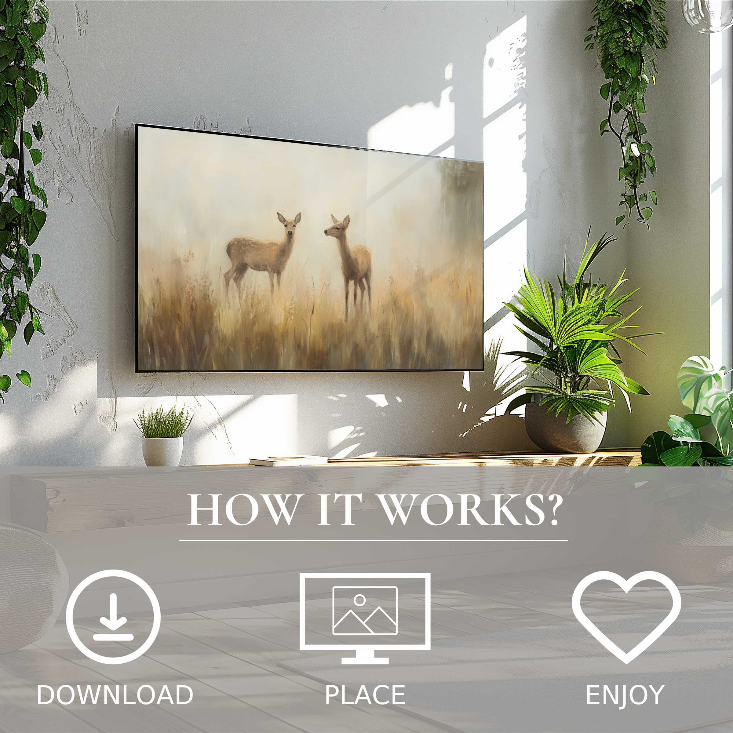 Vintage art for Samsung TV showing soft sunrise tones with deer motif, digital download enriches any stylish living space